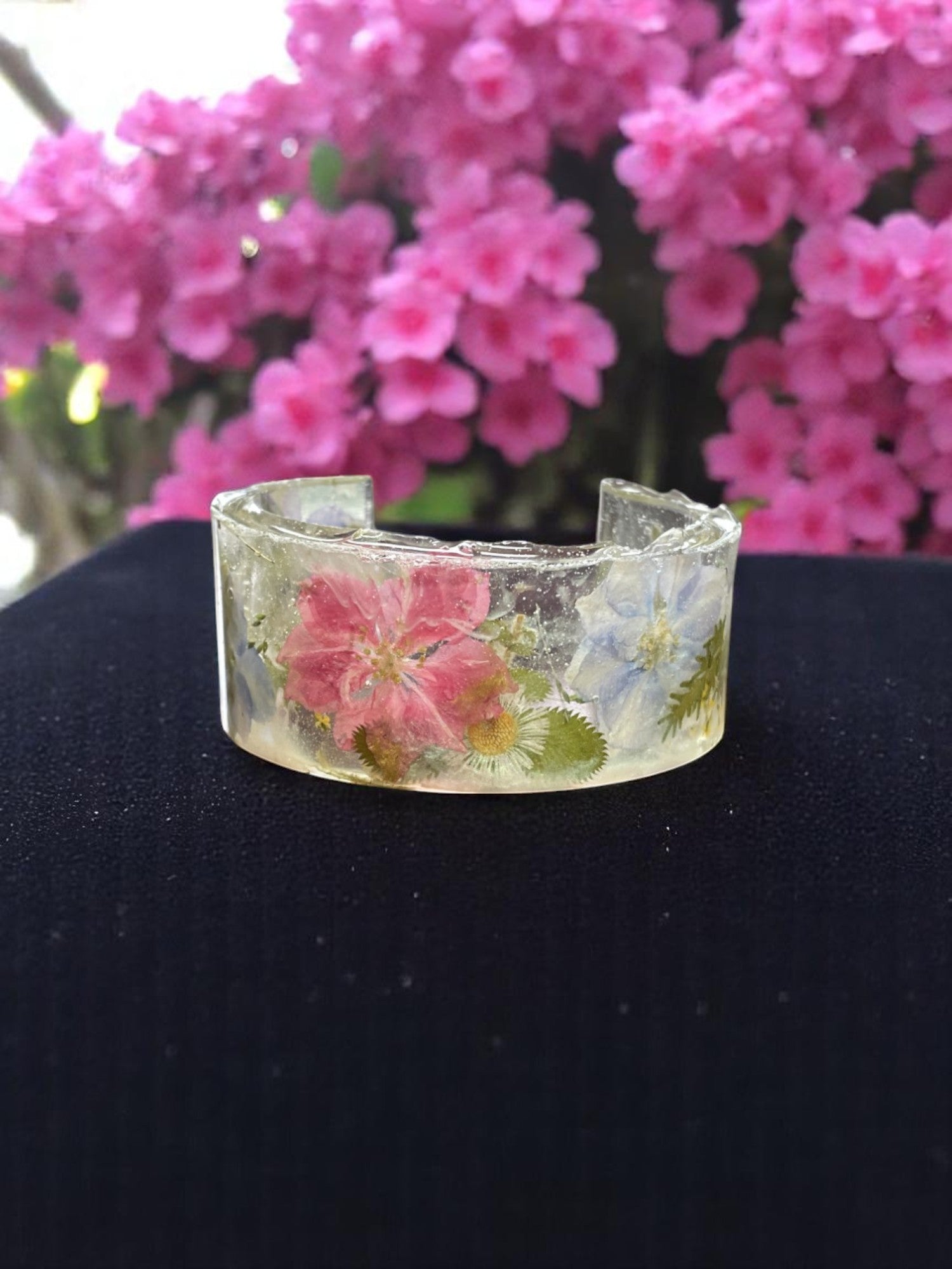 Colorful Handmade Pressed Flower Resin Cuff Bracelet | Unique Handmade Jewelry