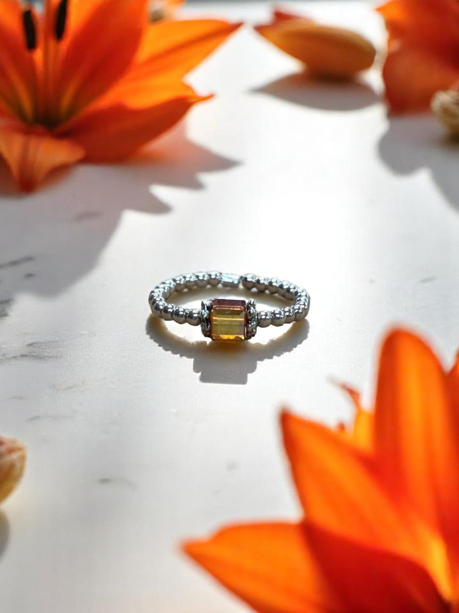 Square Crystal & Sterling Silver Ball Ring | Multiple Colors Available
