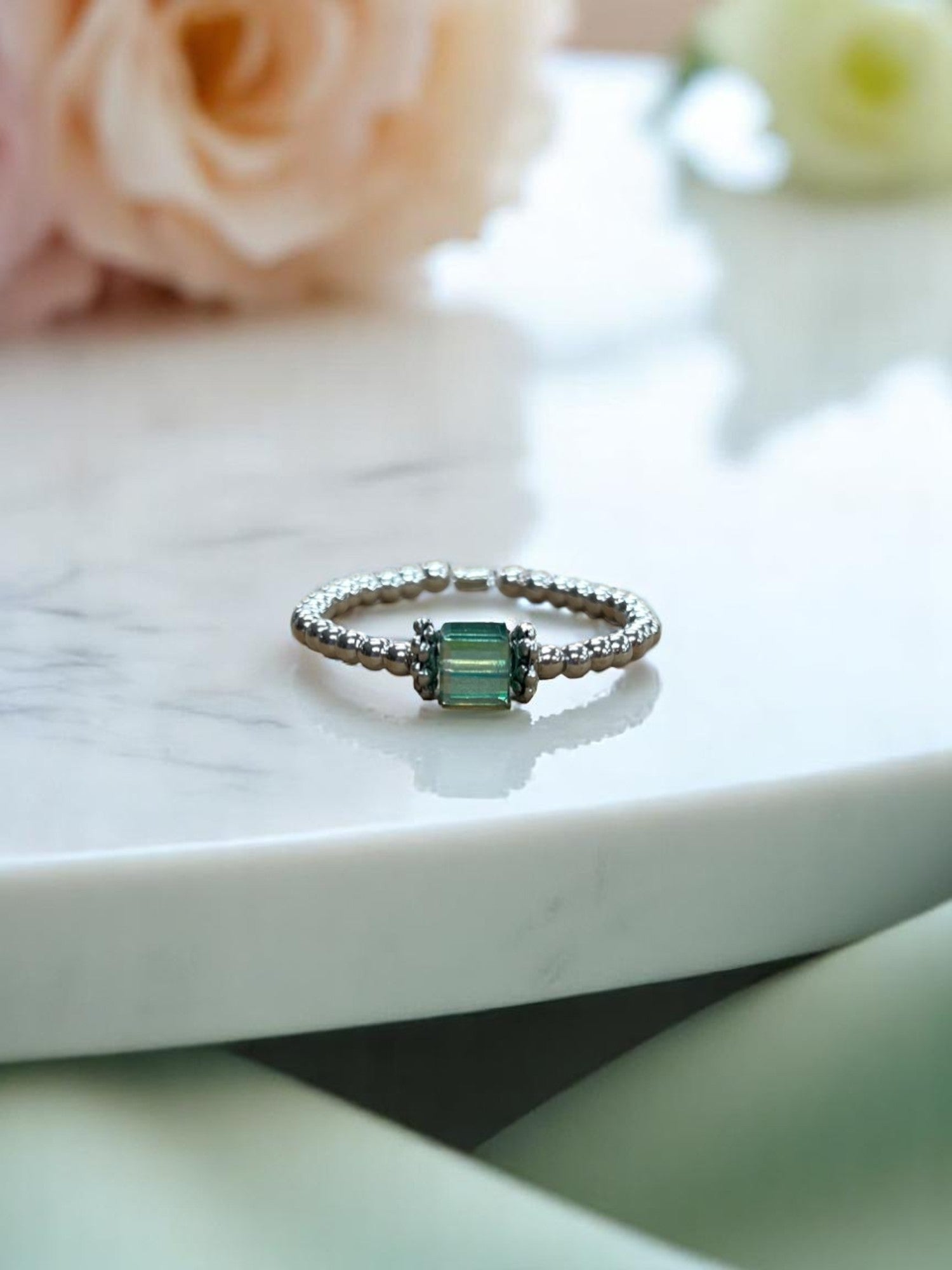 Square Crystal & Sterling Silver Ball Ring | Multiple Colors Available