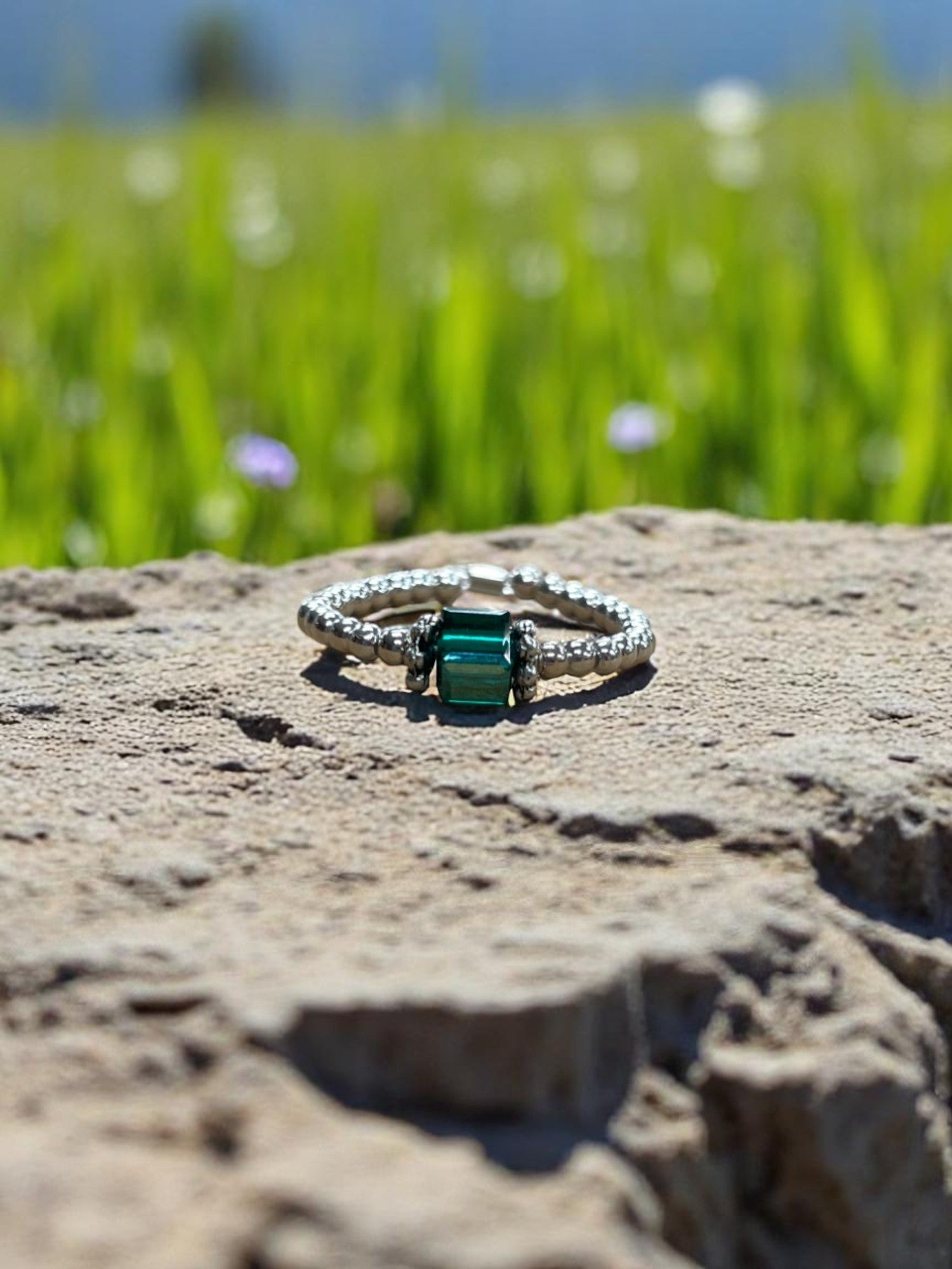 Square Crystal & Sterling Silver Ball Ring | Multiple Colors Available