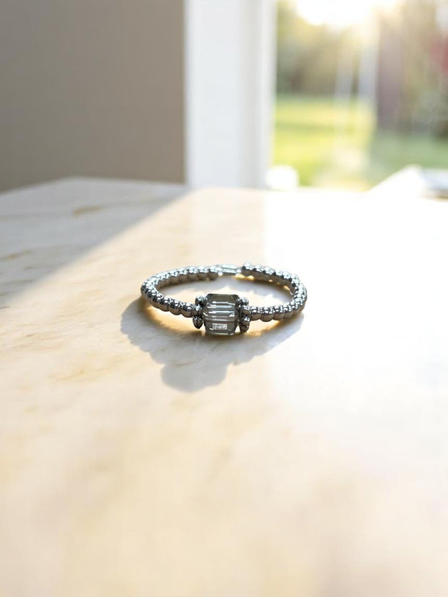 Square Crystal & Sterling Silver Ball Ring | Multiple Colors Available