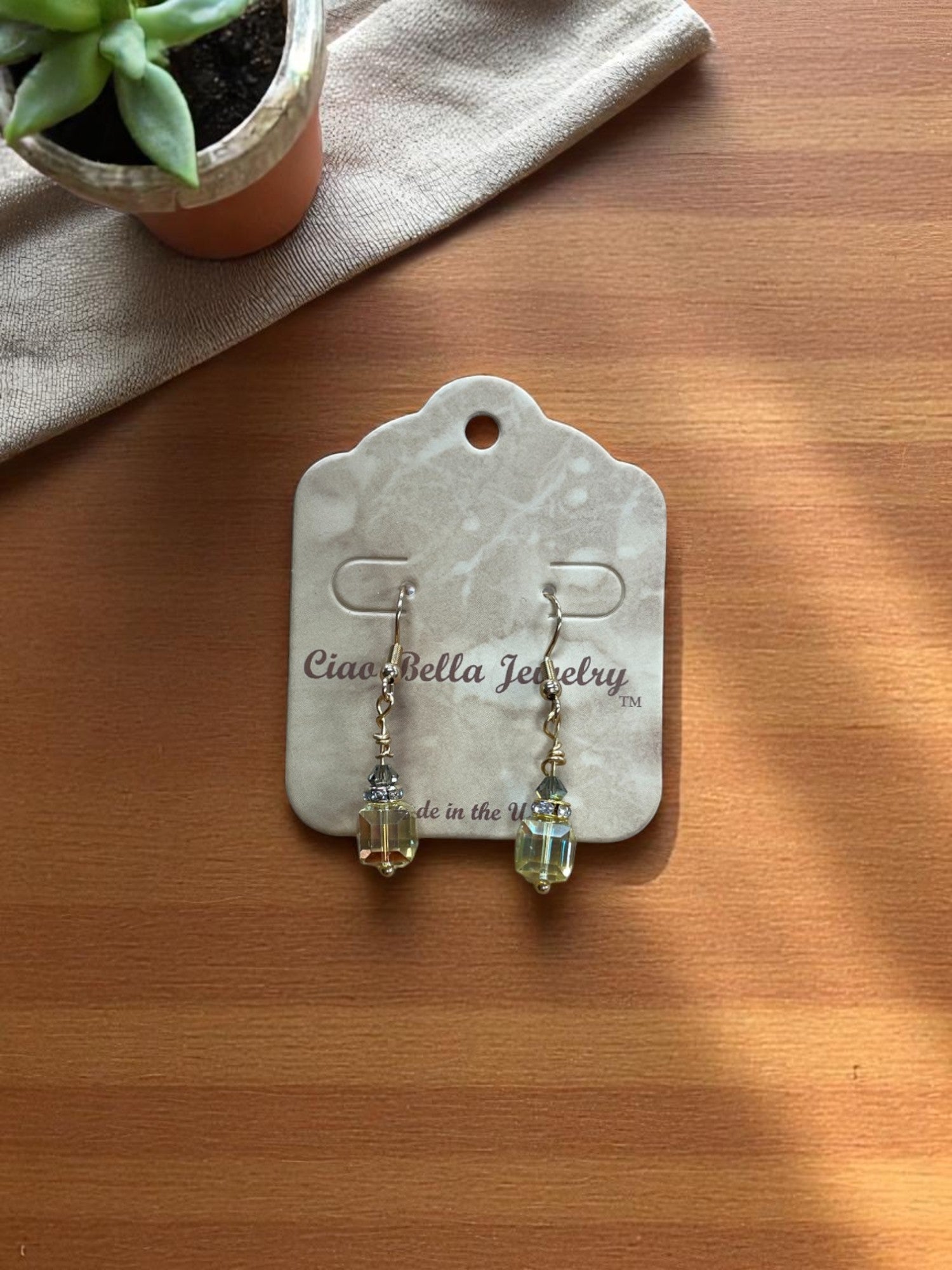 Crystal Cube Drop Earrings | Topaz, Light Yellow & Clear Accents