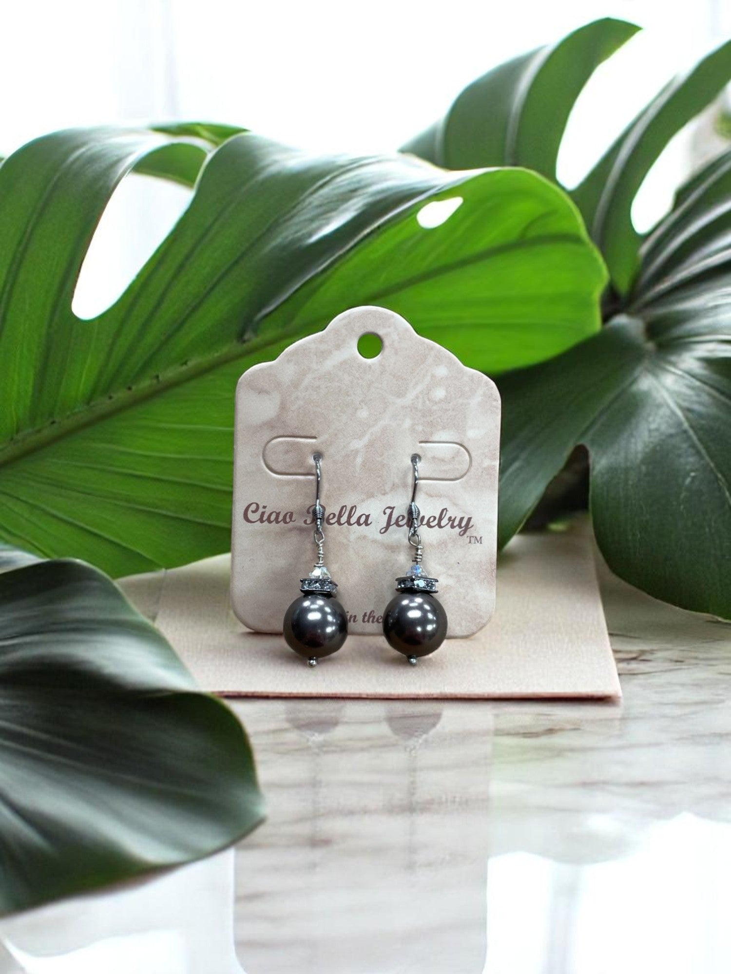 Round Austrian Pearl Earrings with Crystals | Black-Gray & Dark Pink Options
