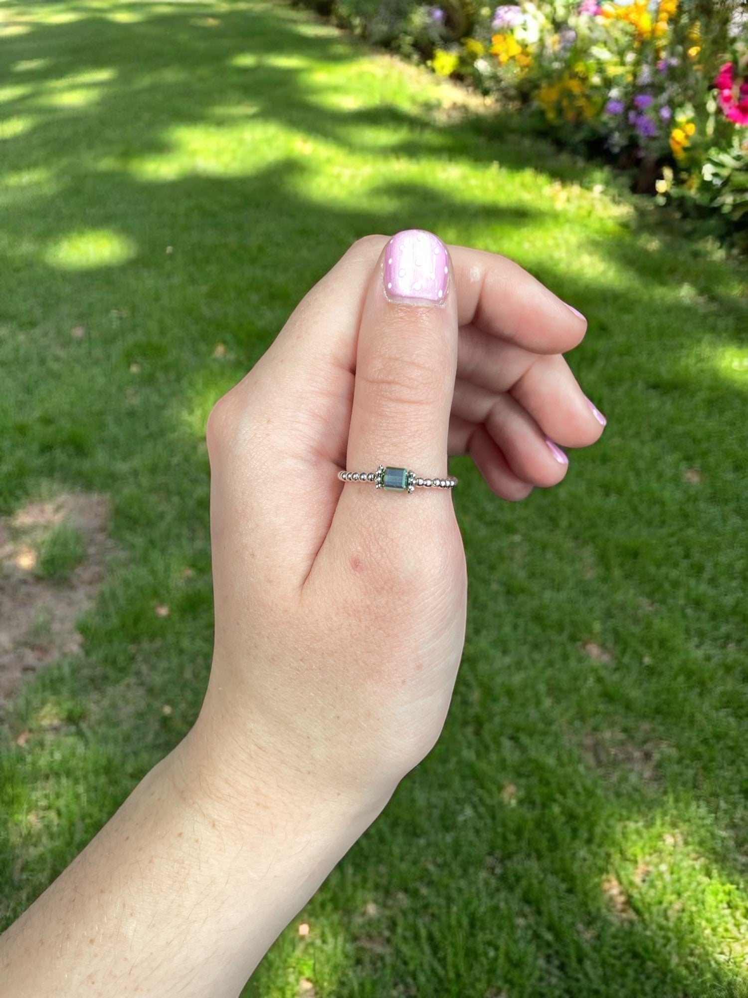 Square Crystal & Sterling Silver Ball Ring | Multiple Colors Available