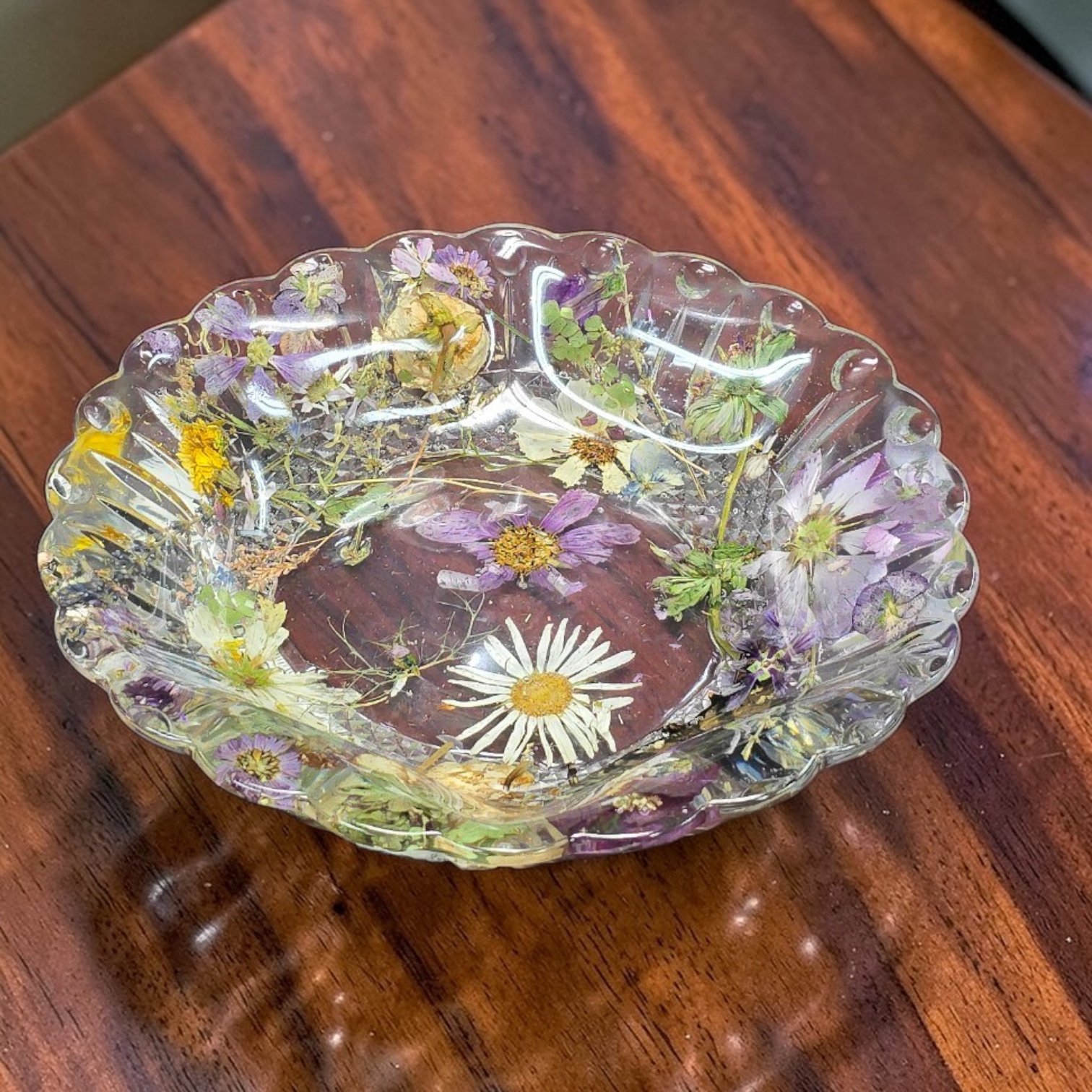 Large Centerpiece Pressed Flower Resin Cut Glass Bowl