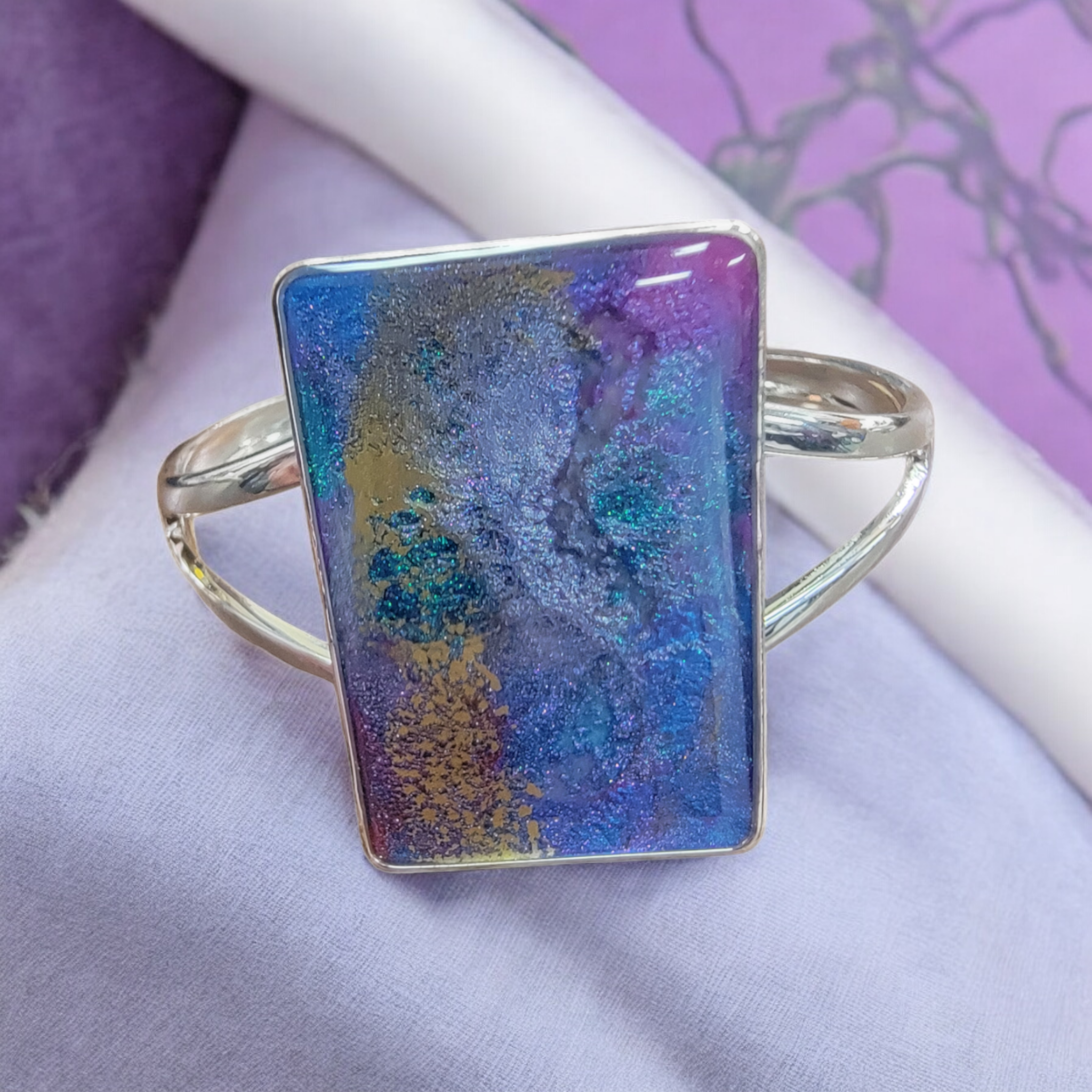 Geometric Sterling Silver Plated Cuff Bracelet with Purple Accents | Unique Handmade Jewelry