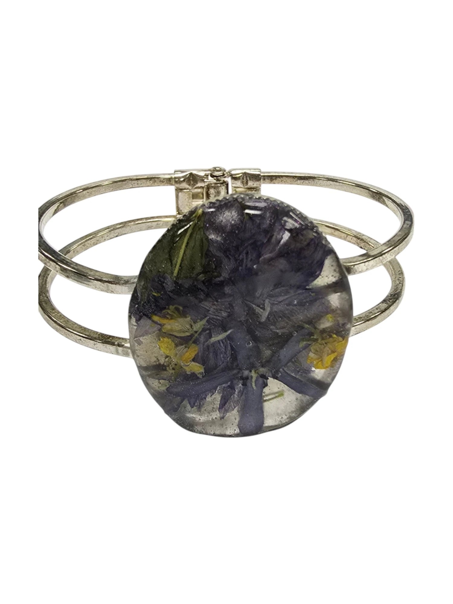 Oval Pressed Flower Cuff Bracelet, Resin Bracelet, Queen Anne's Lace, Cosmos, Botanical Jewelry