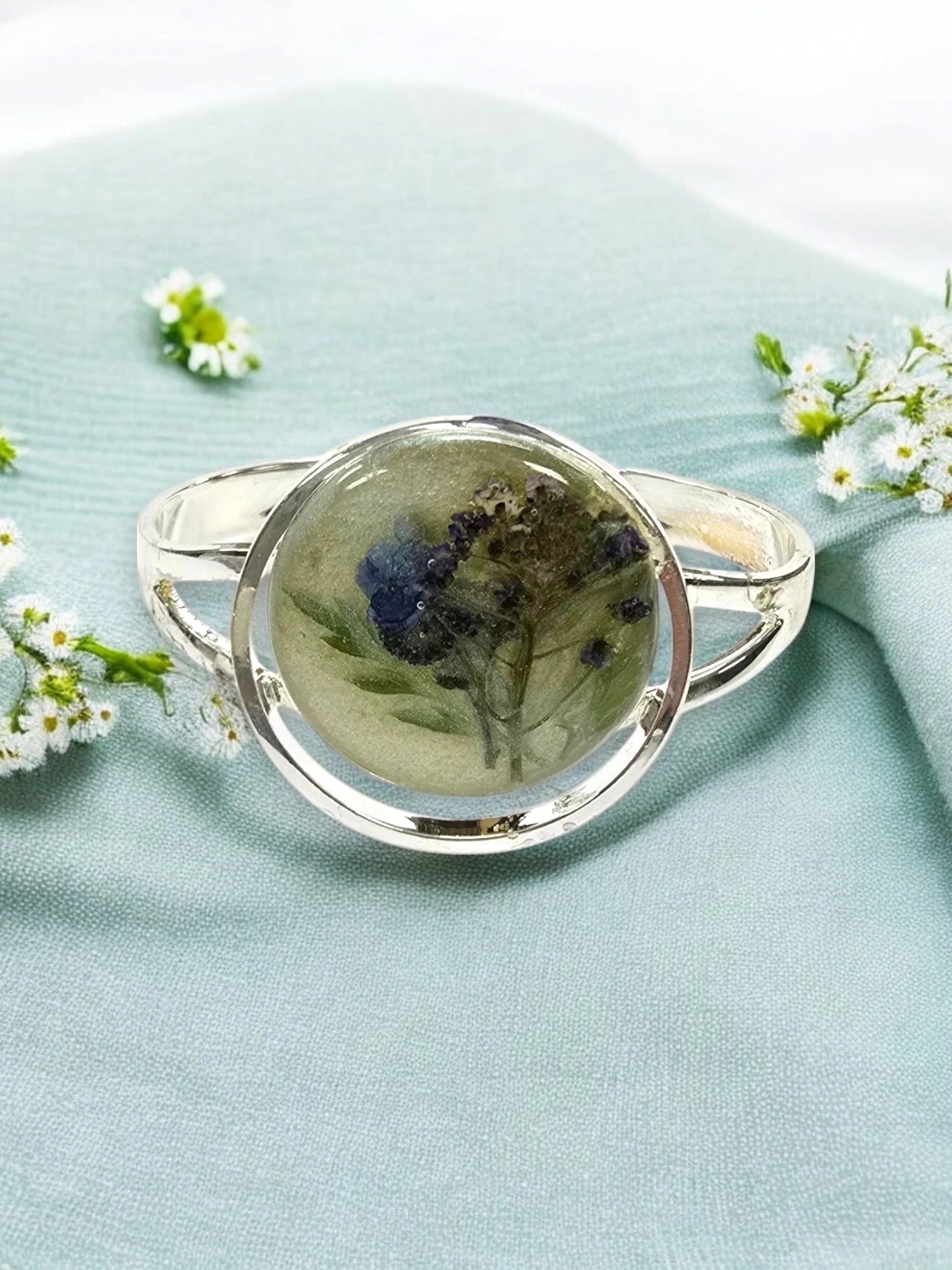 Sterling Plated Circle Cuff with Pressed Flower Centerpiece