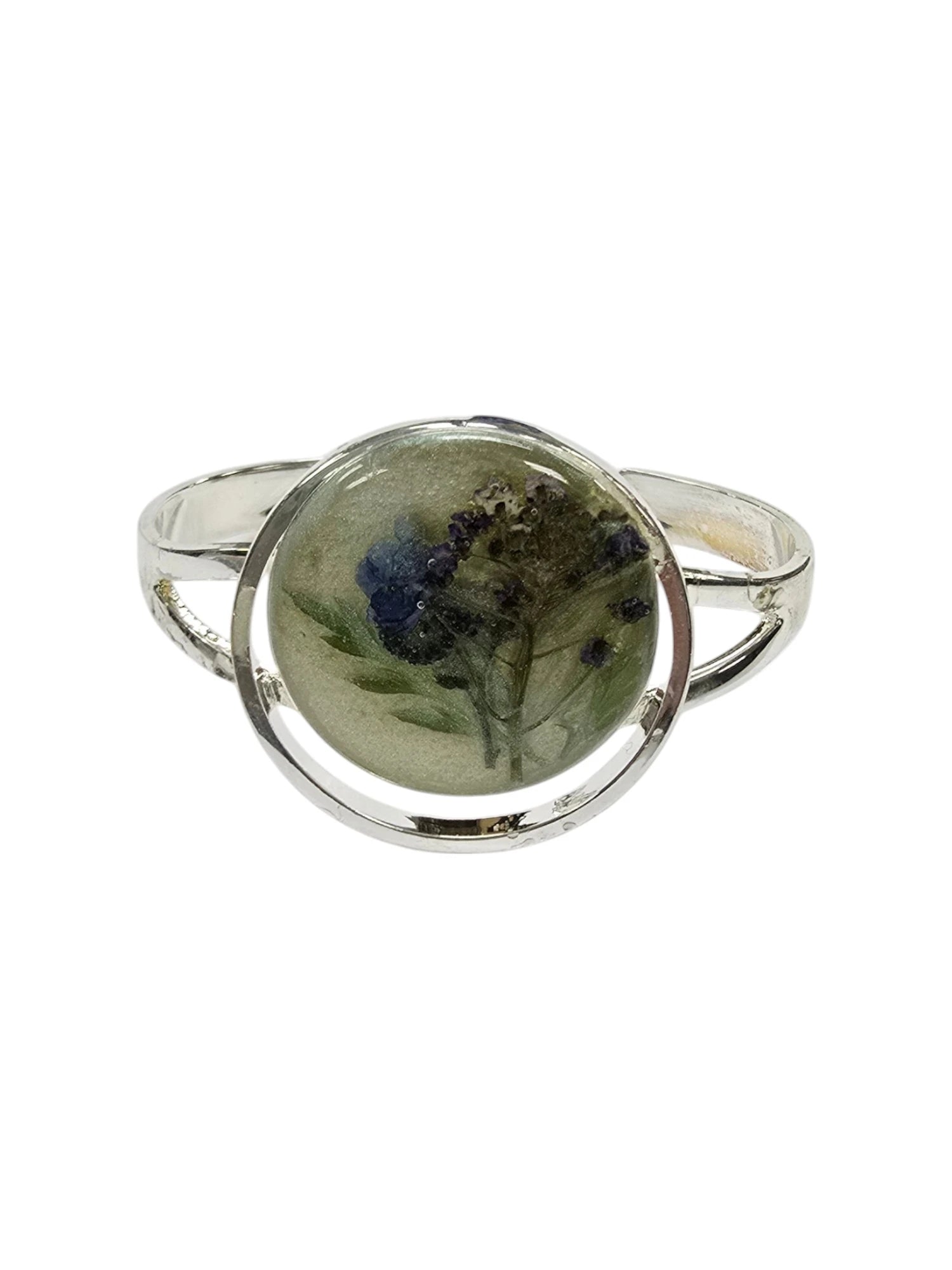 Sterling Plated Circle Cuff with Pressed Flower Centerpiece