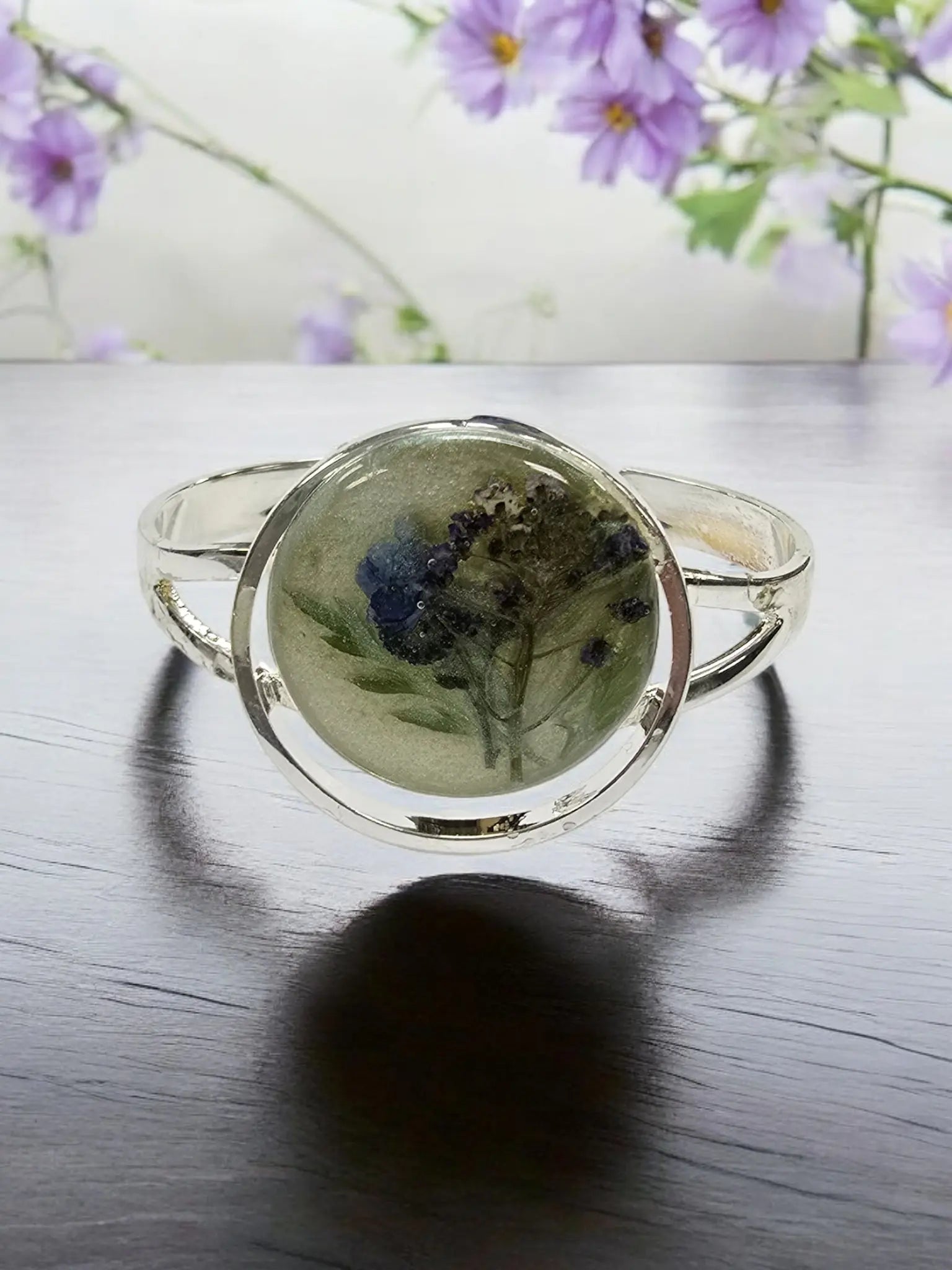 Sterling Plated Circle Cuff with Pressed Flower Centerpiece