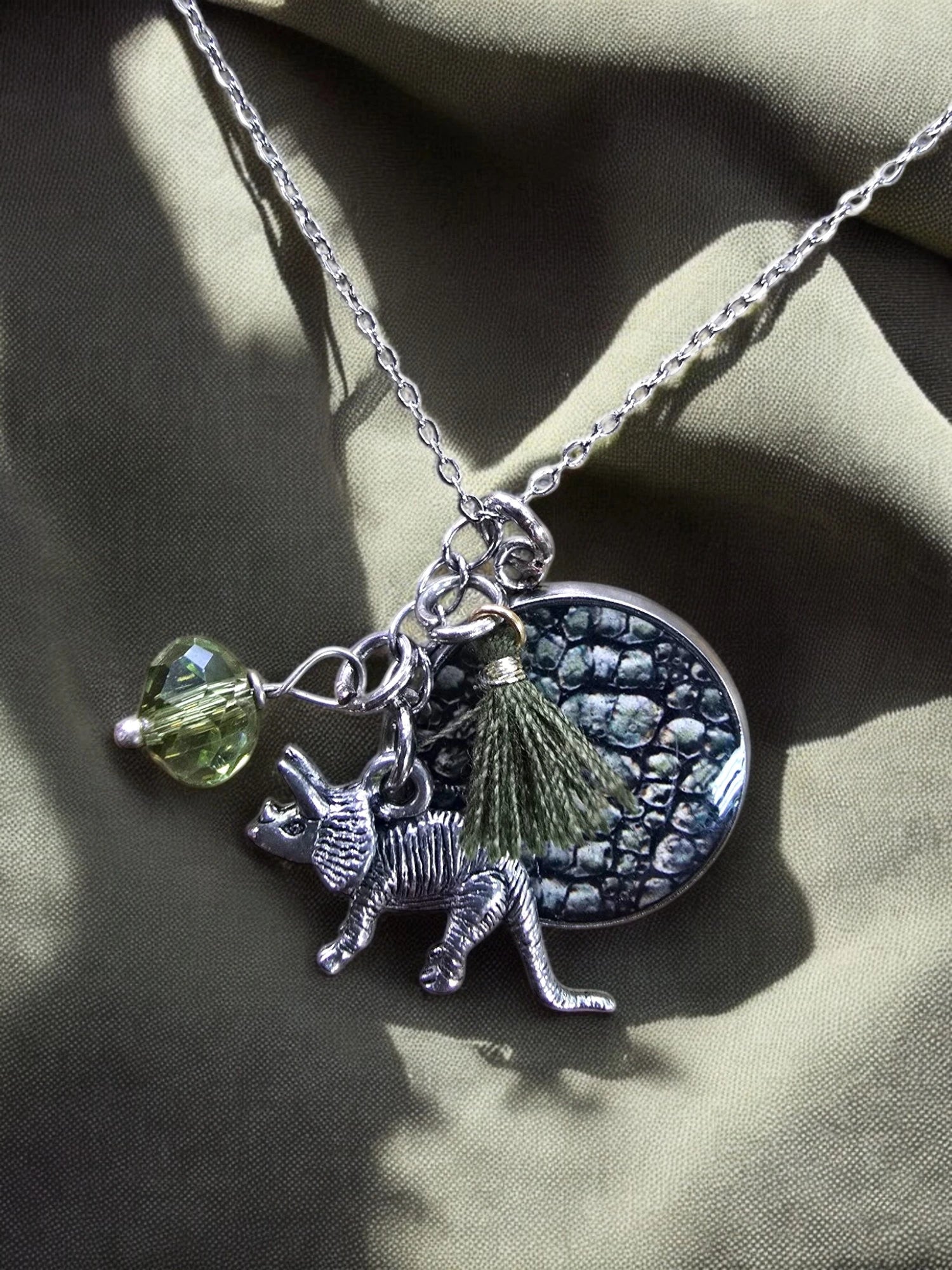 Dino Delight Necklace | Triceratops Charm | Green Crystal | Unique Pendant