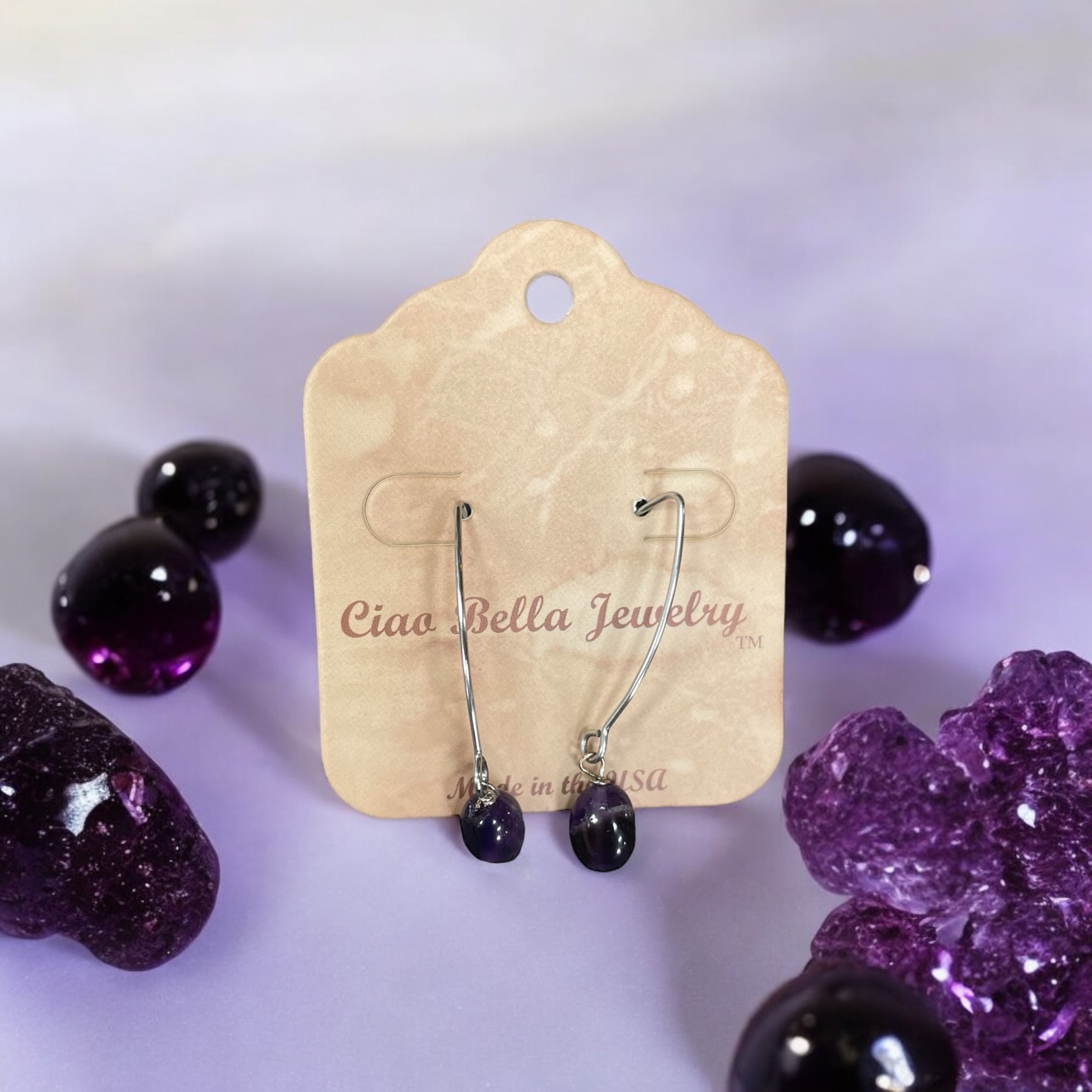 Long Silver Drop Kidney Wire Gemstone Earrings | Made in the USA