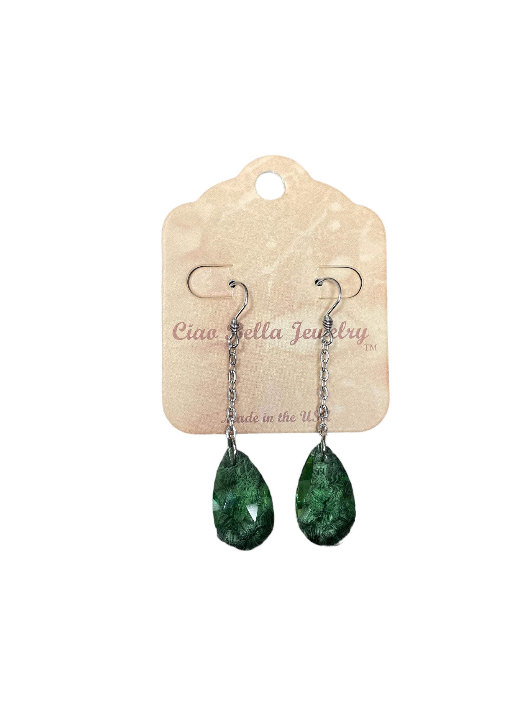 Elevate Your Look: Stainless Steel Teardrop Gemstone Chain Drop Earrings (Sapphire, Emerald, Gray Crystal)
