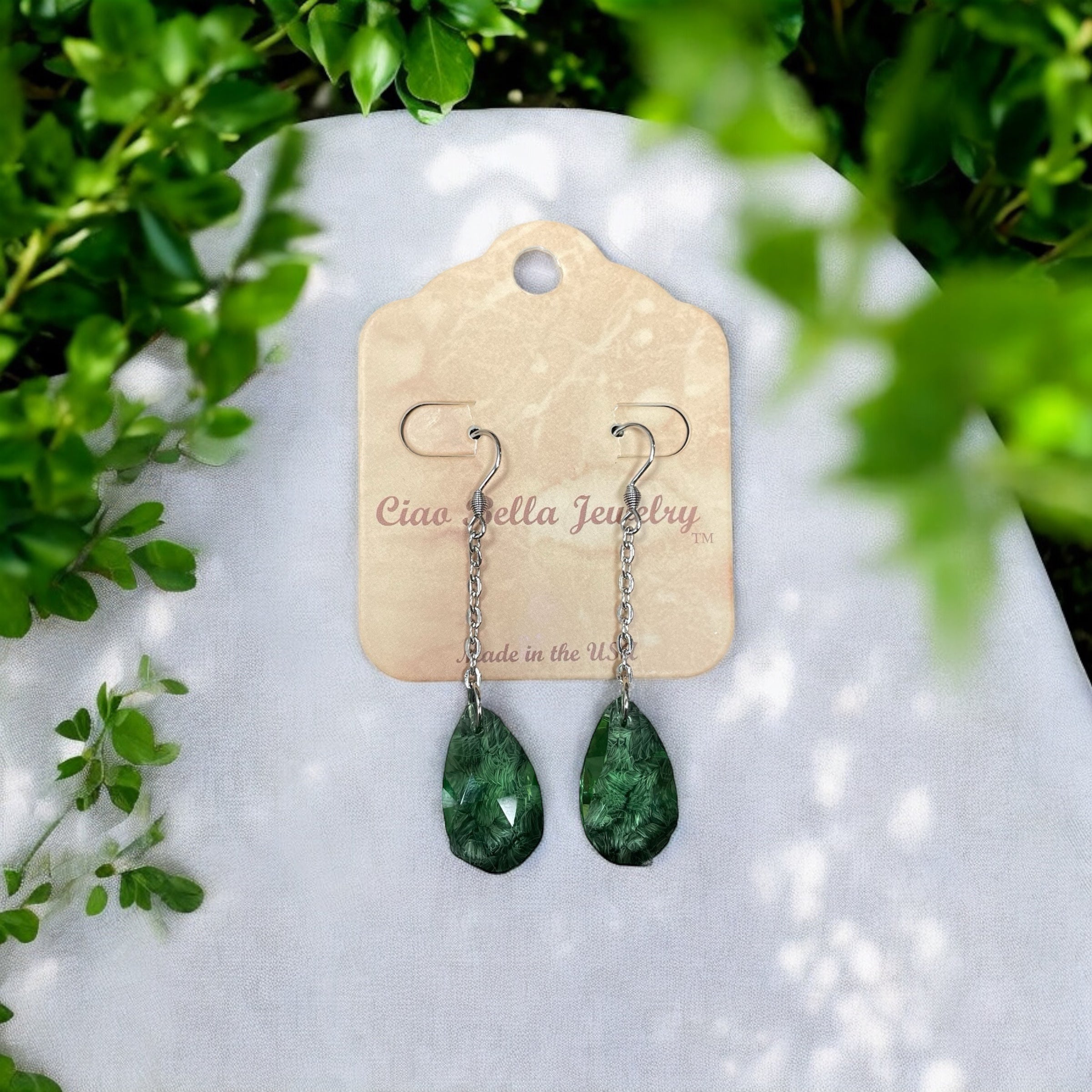 Elevate Your Look: Stainless Steel Teardrop Gemstone Chain Drop Earrings (Sapphire, Emerald, Gray Crystal)