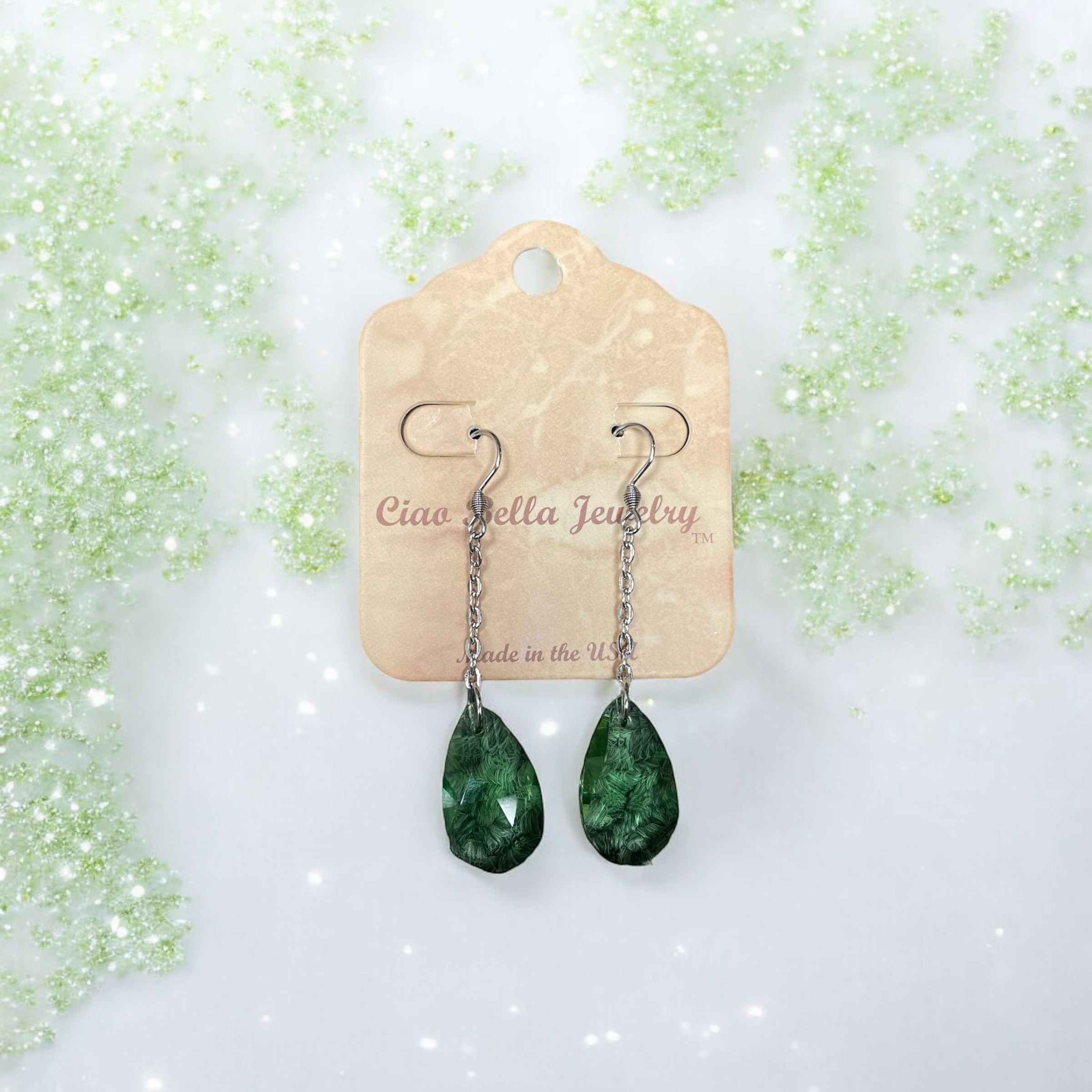 Elevate Your Look: Stainless Steel Teardrop Gemstone Chain Drop Earrings (Sapphire, Emerald, Gray Crystal)