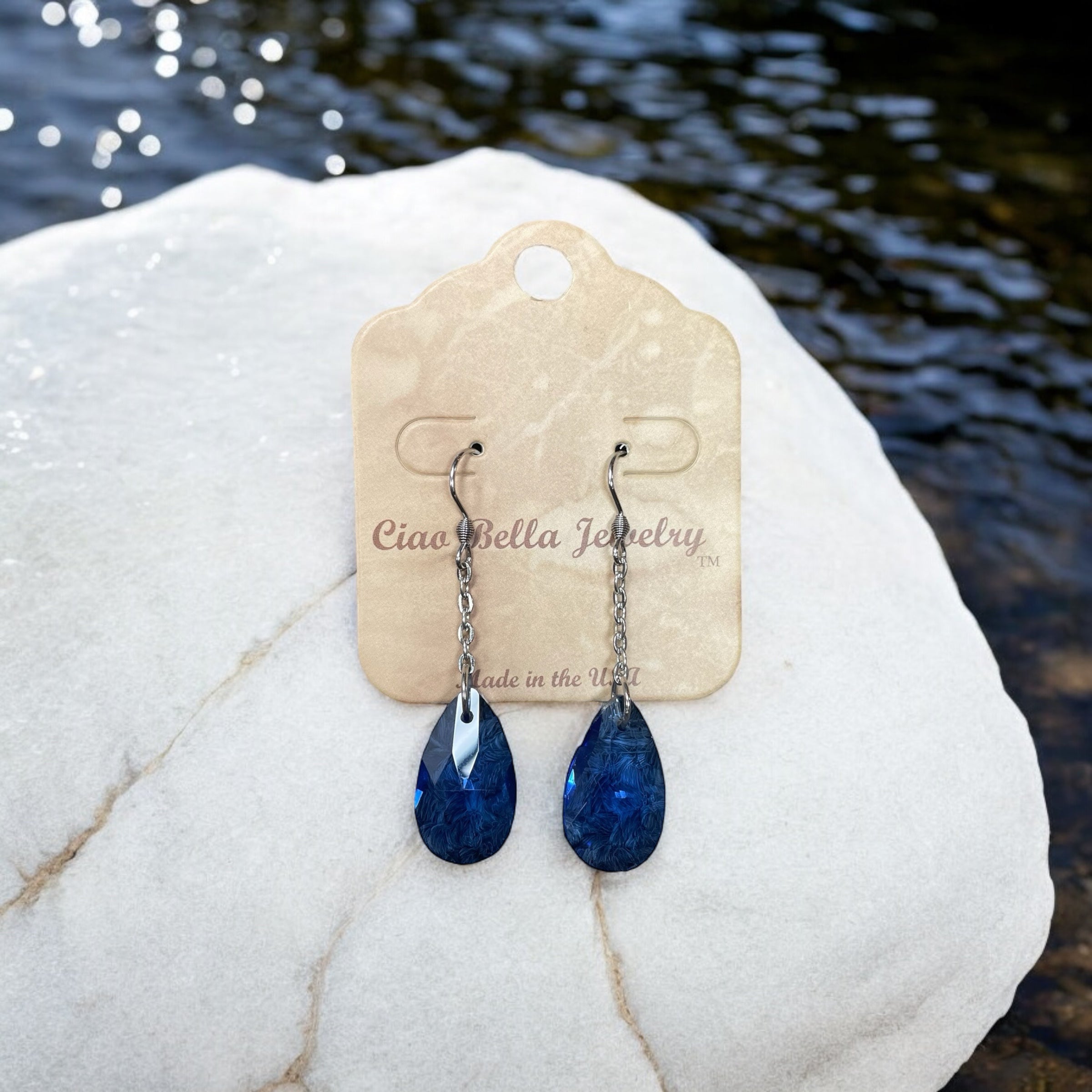 Elevate Your Look: Stainless Steel Teardrop Gemstone Chain Drop Earrings (Sapphire, Emerald, Gray Crystal)