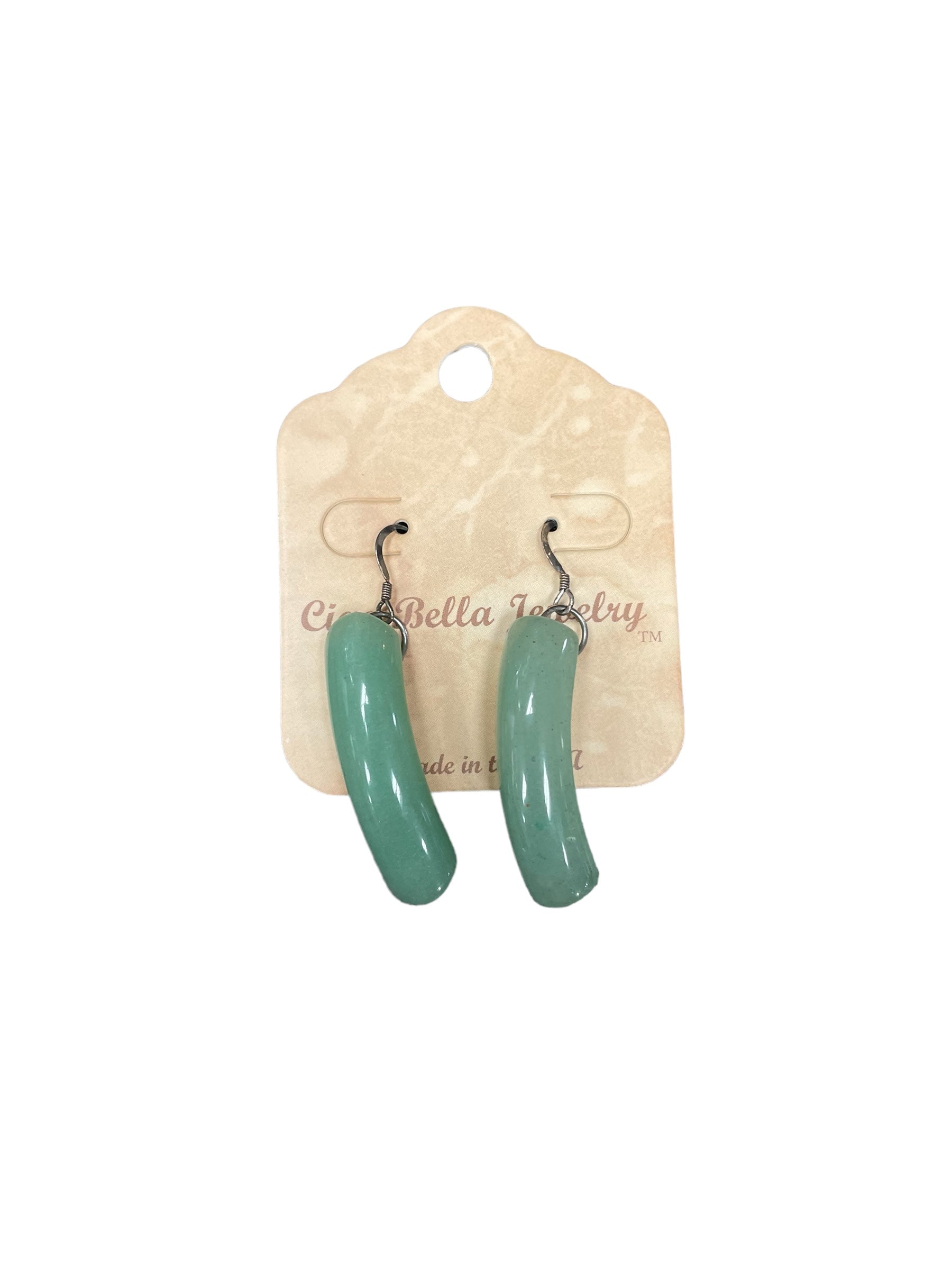 Whisper of the East: Antique Silver Dangle Earrings with Aventurine Curved Gemstone