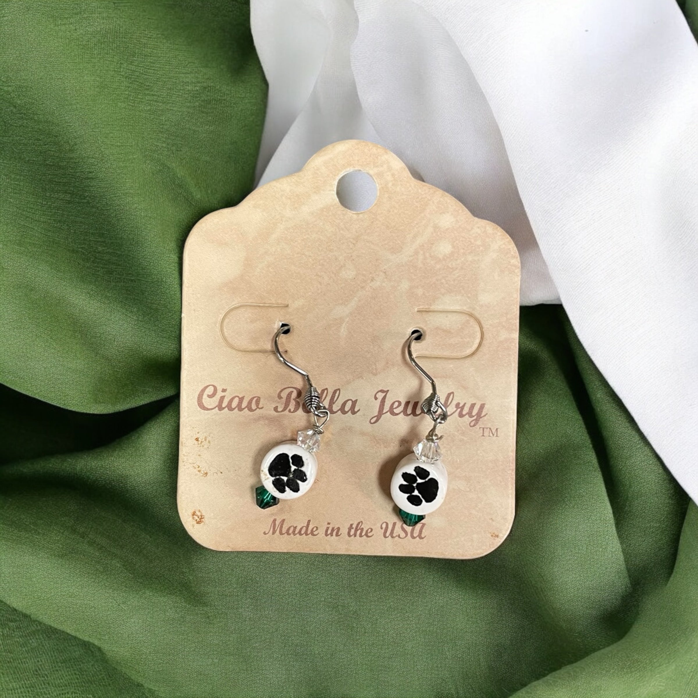 Fierce & Flirty: Silver Dangle Earrings with Lion Paw Print & Gemstones