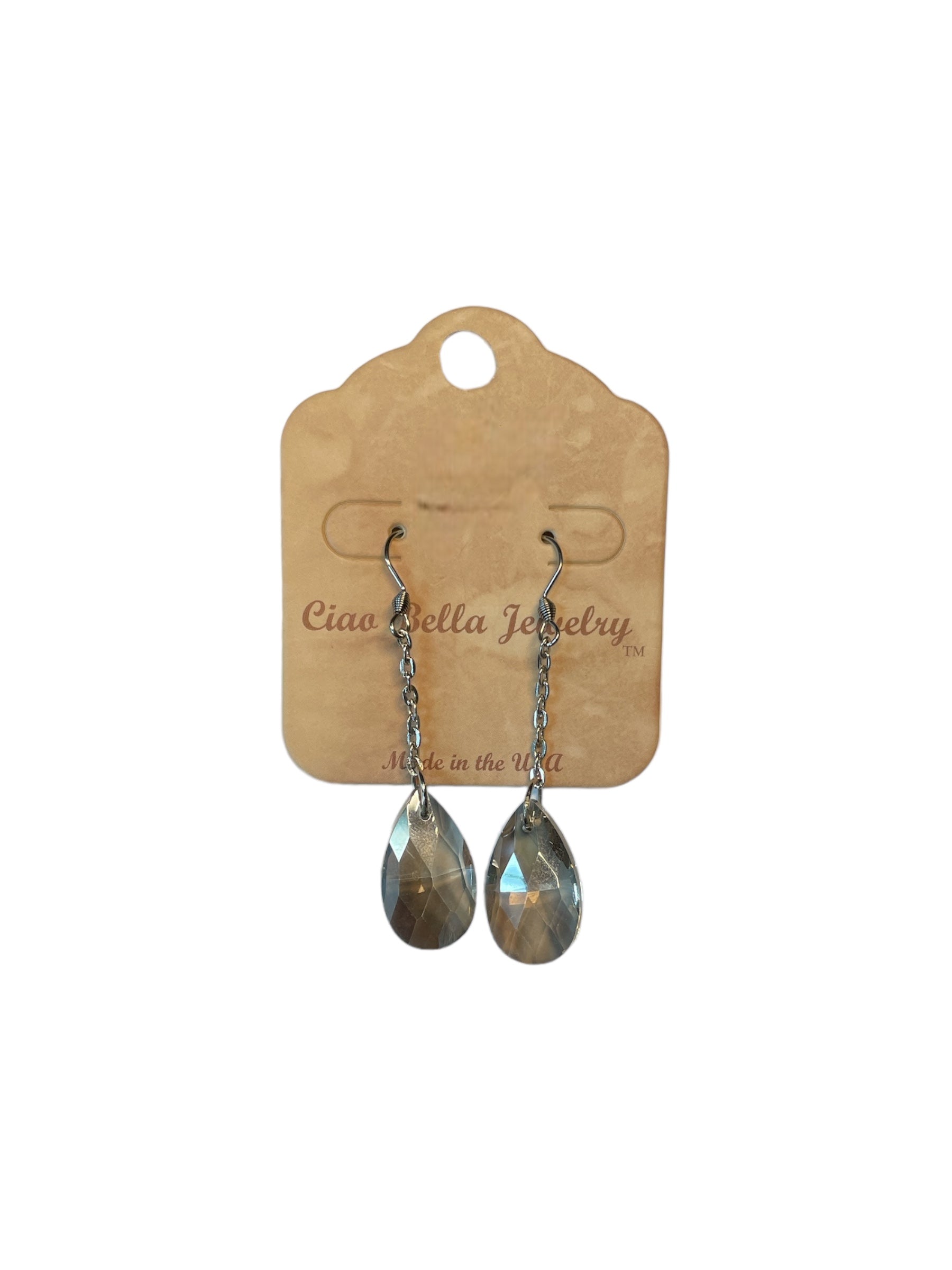 Elevate Your Look: Stainless Steel Teardrop Gemstone Chain Drop Earrings (Sapphire, Emerald, Gray Crystal)