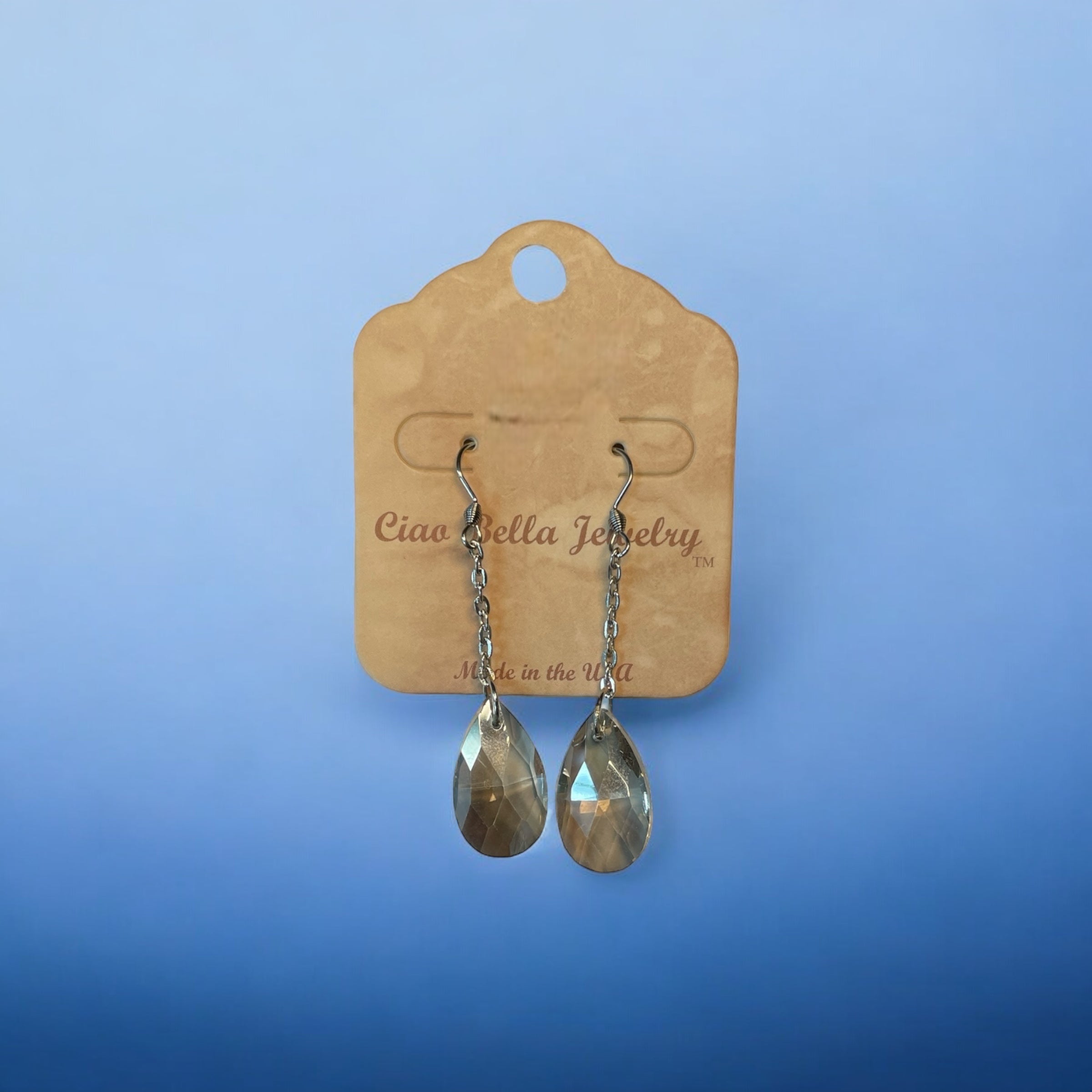 Elevate Your Look: Stainless Steel Teardrop Gemstone Chain Drop Earrings (Sapphire, Emerald, Gray Crystal)
