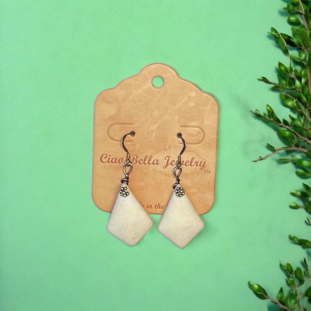Ocean-Inspired White Diamond Sea Glass Earrings with Silver Flower