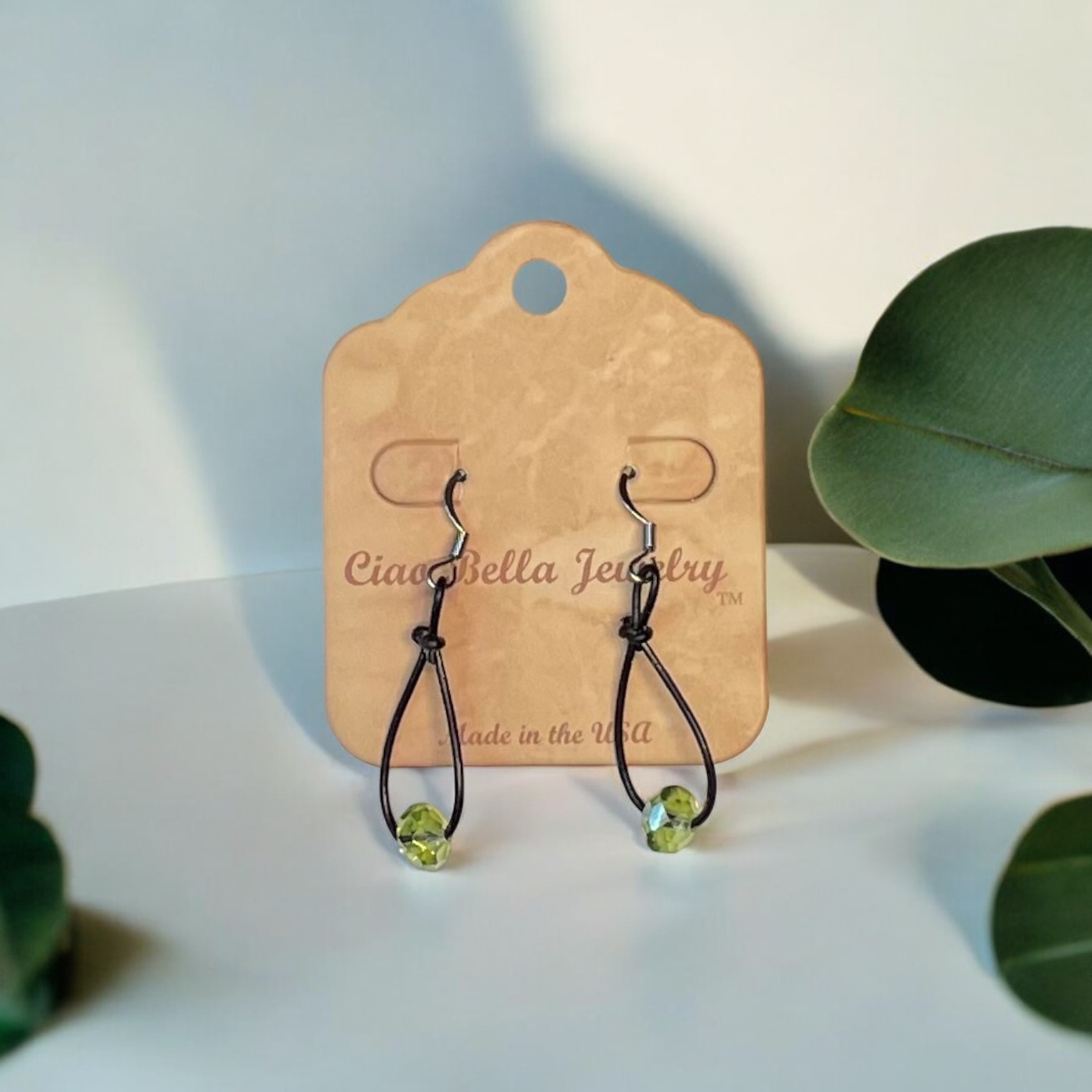 Teardrop Leather Earrings with Light Green Crystal