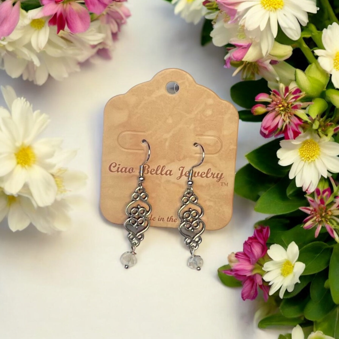 Silver Filigree Dangle Earrings | Gemstone & Crystal Earrings