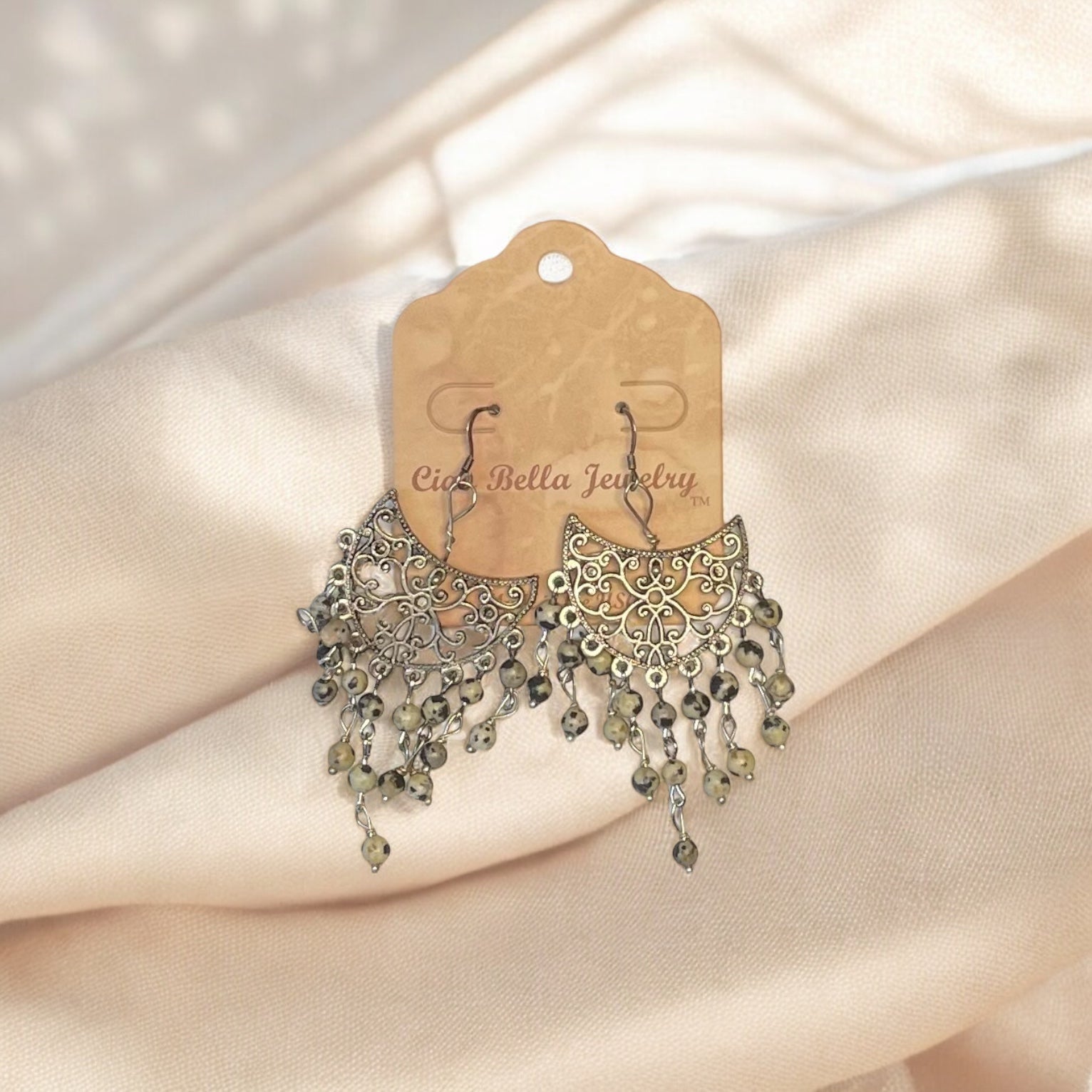 Dalmatian Jasper Chandelier Earrings: Sterling Silver Filigree Elegance