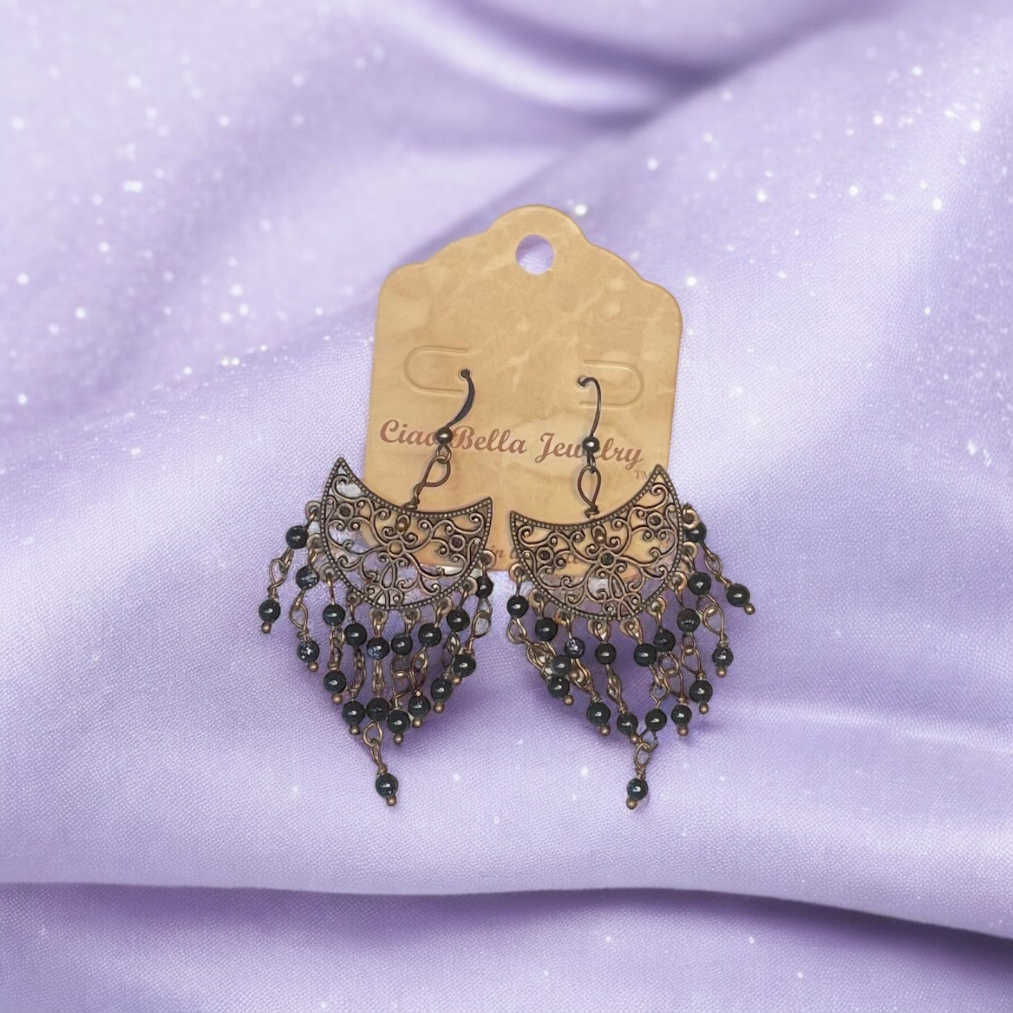 Dramatic Black Onyx Chandelier Earrings with Copper Filigree & Hook