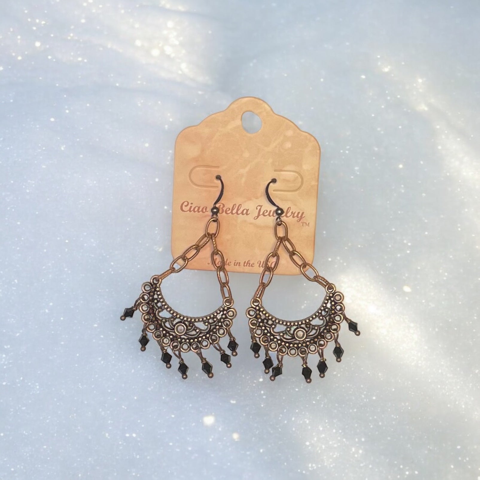 Dramatic Black Crystal Chandelier Crescent Earrings with Copper Hook