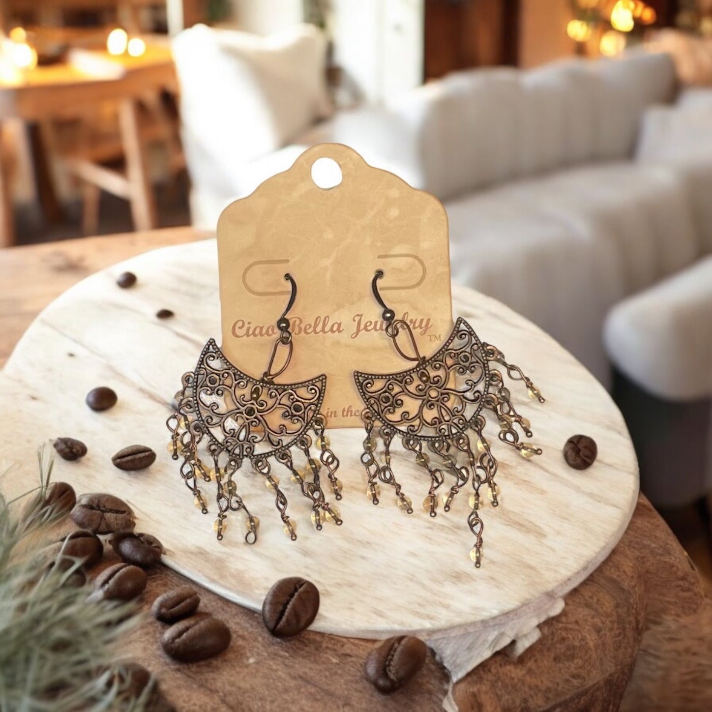 Copper Filigree Chandelier Earrings with Mocha Colored Crystal Beads