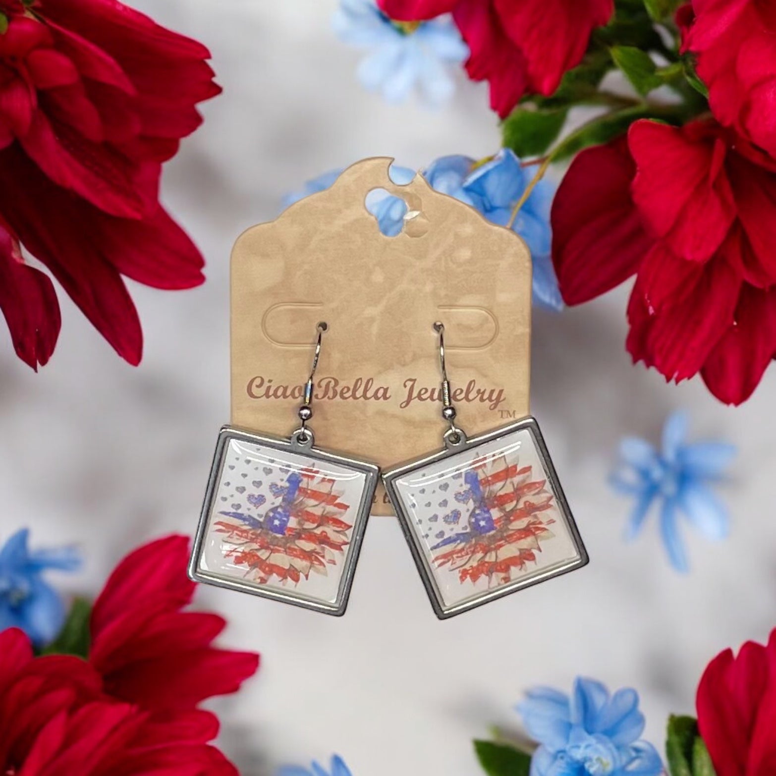 Patriotic Sunflower Earrings | Sterling Silver | Handmade in USA