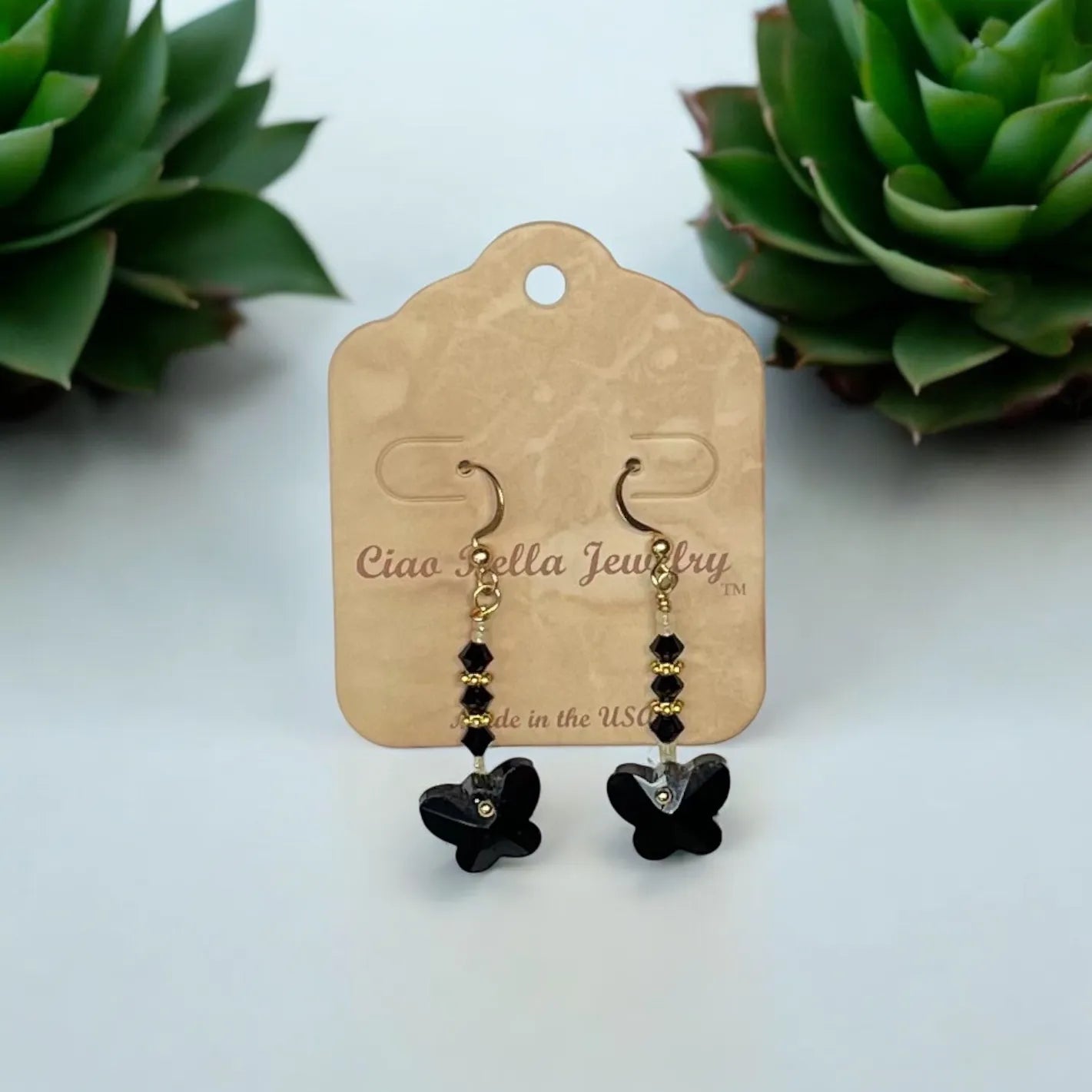 Crystal Butterfly Beaded Drop Earrings on Gold - Unique & Sparkling Jewelry