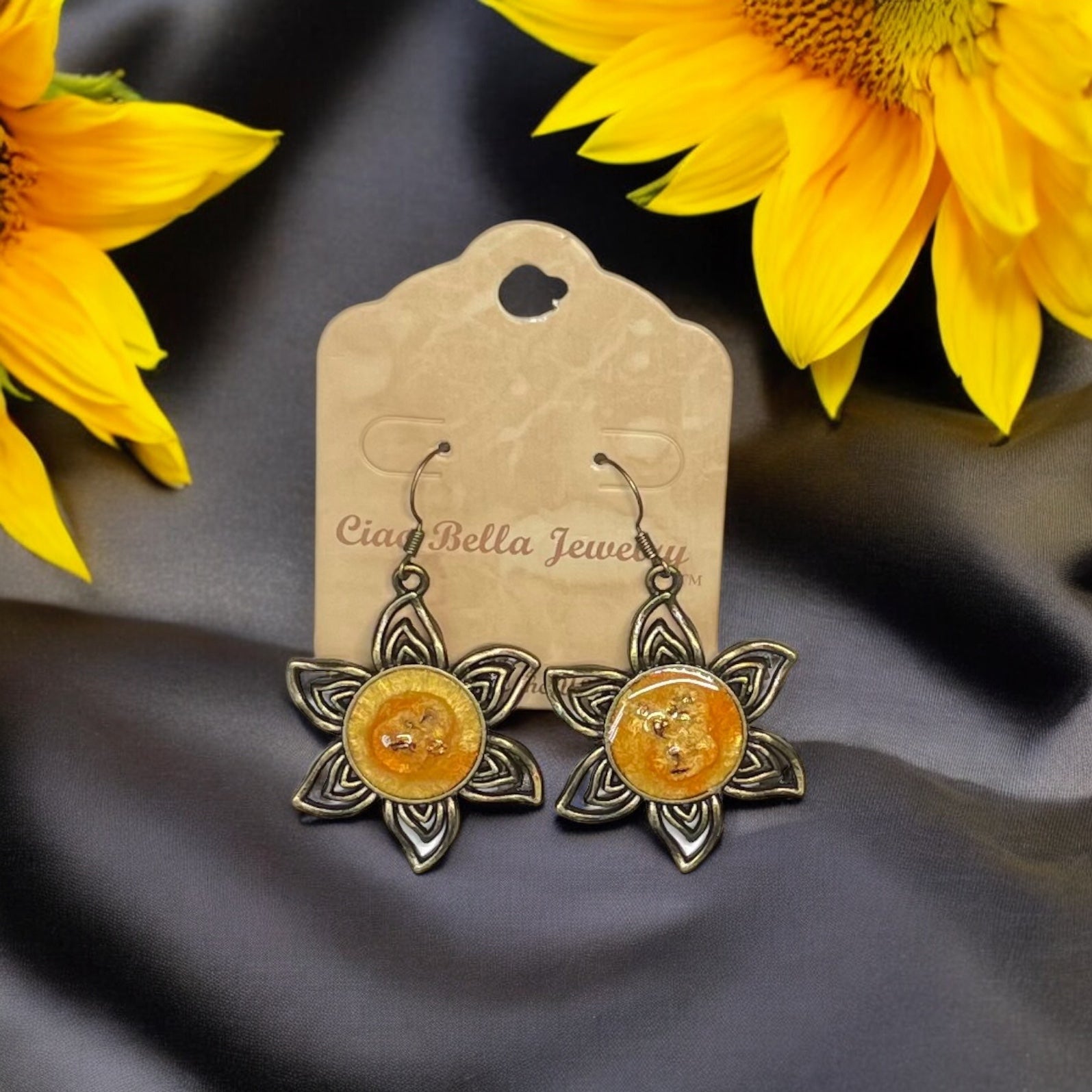 Sun-Kissed Sparkle: Golden Sunflower Dangle Earrings with Glitter Resin