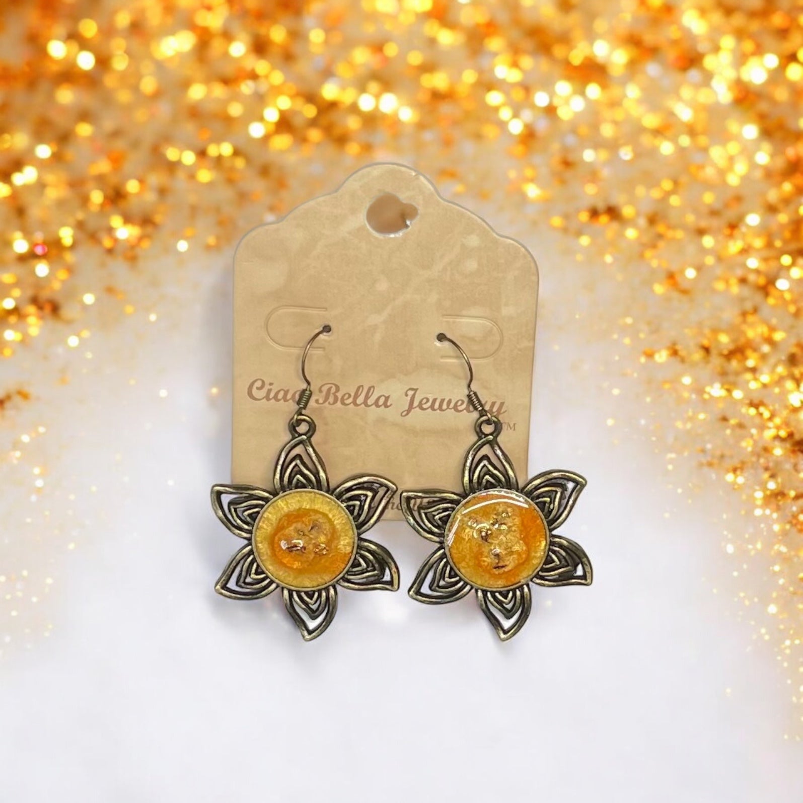 Sun-Kissed Sparkle: Golden Sunflower Dangle Earrings with Glitter Resin