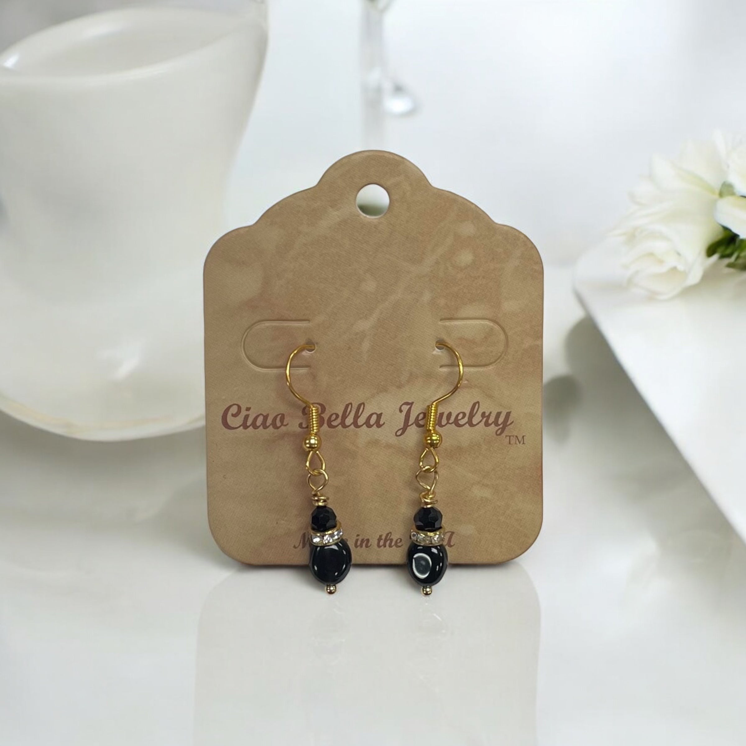 Black Crystal & Black Agate Dangle Earrings | Gold Earrings | Double Stone Earrings