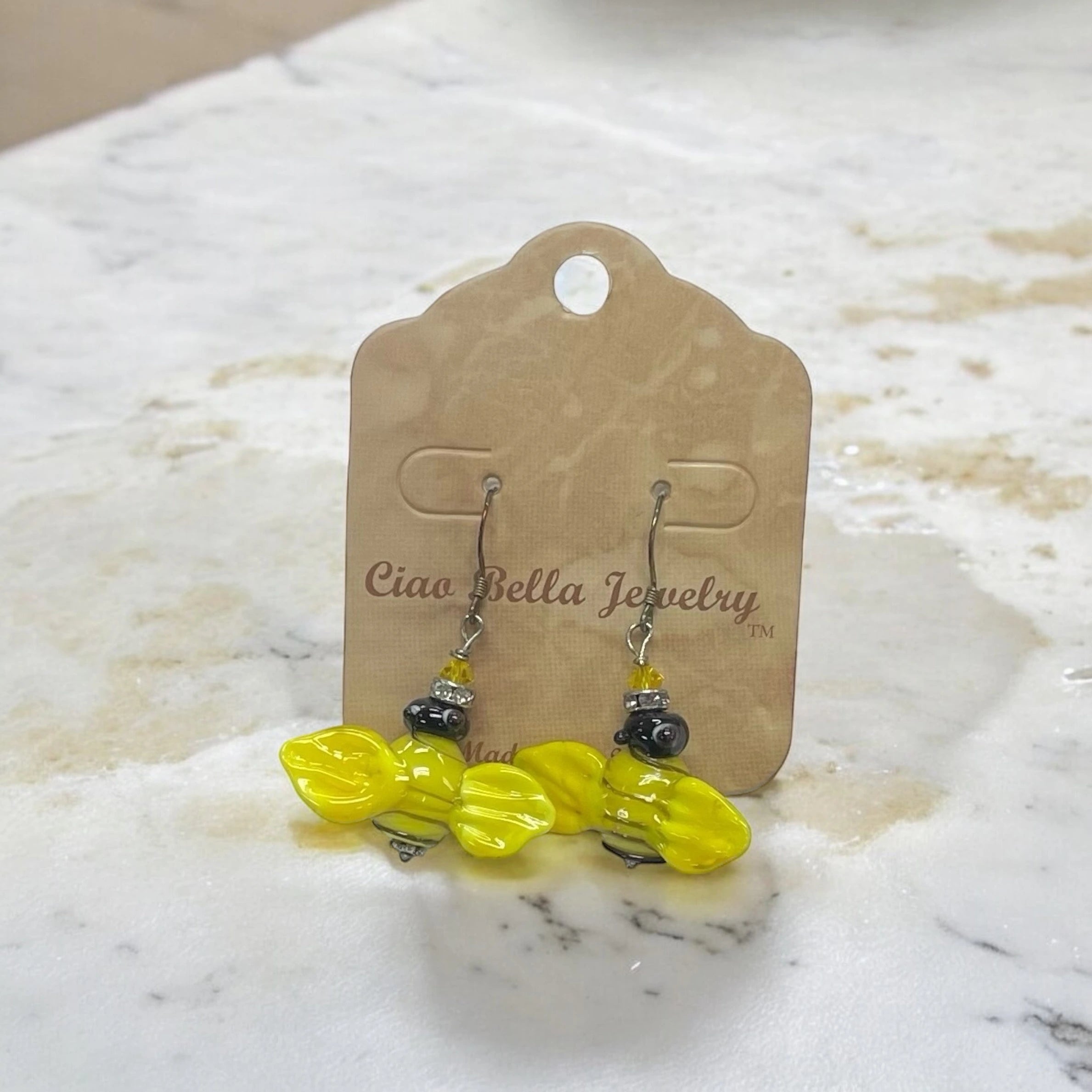 Yellow Glass Bumblebee Dangle Earrings | Whimsical & Playful Jewelry