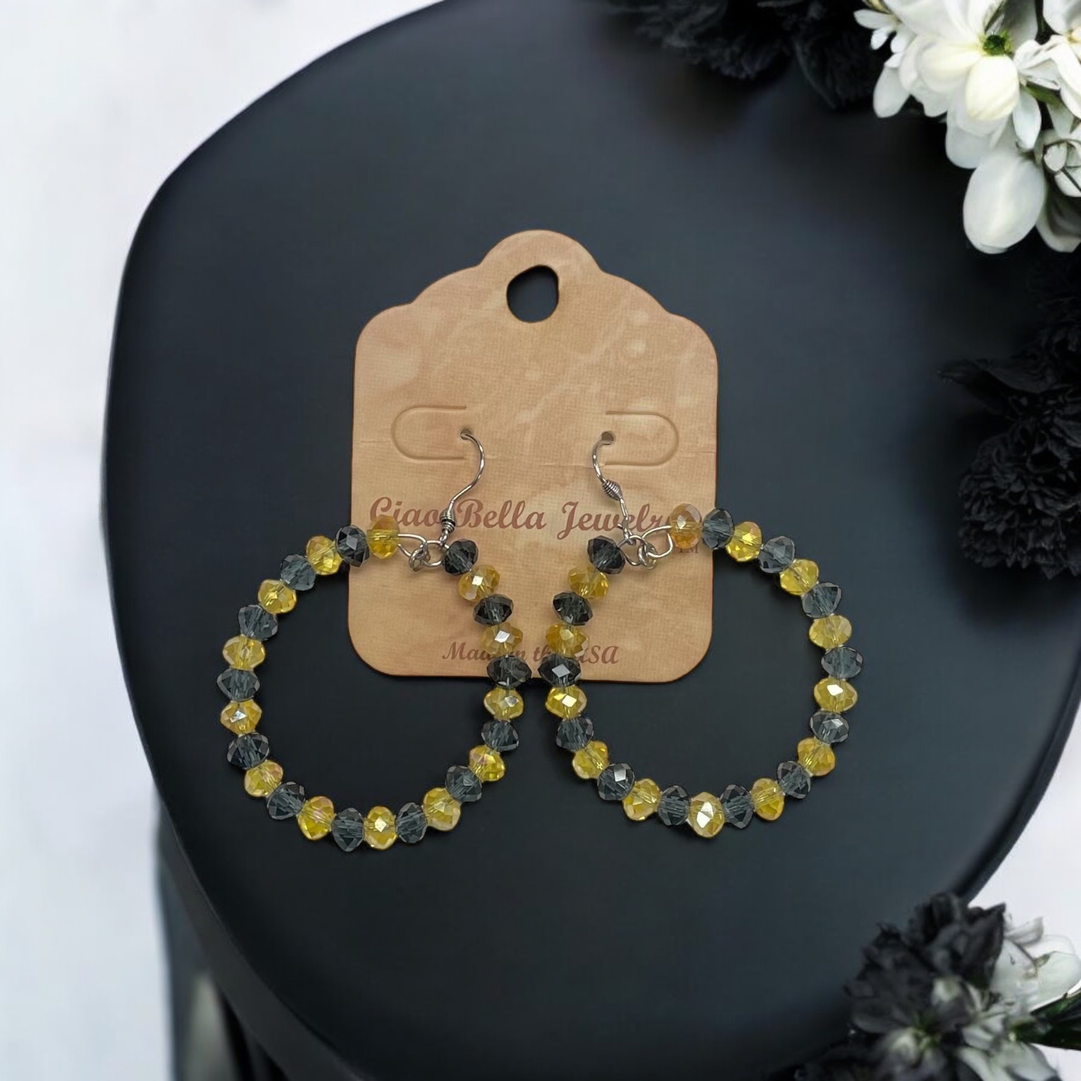 Black & Yellow Crystal Hoop Earrings