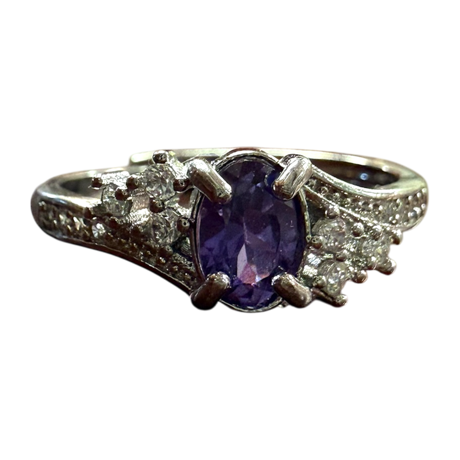 One-of-a-Kind Amethyst-Hued Crystal Silver Ring - Adjustable & Intricate Design