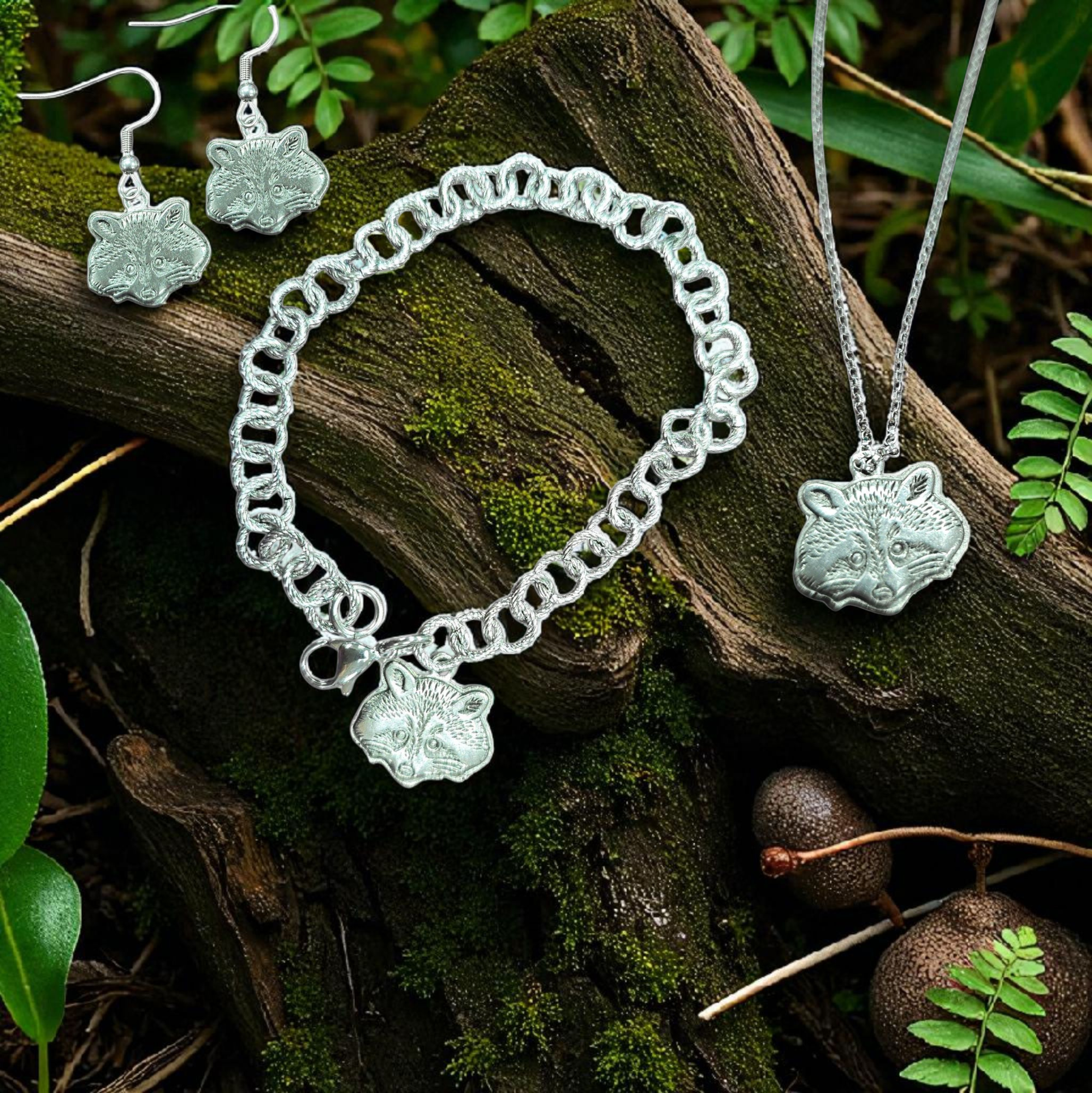 Michelle Marie's Racoon Silver Pewter Charm, Necklace, Bracelet and Earring Sets