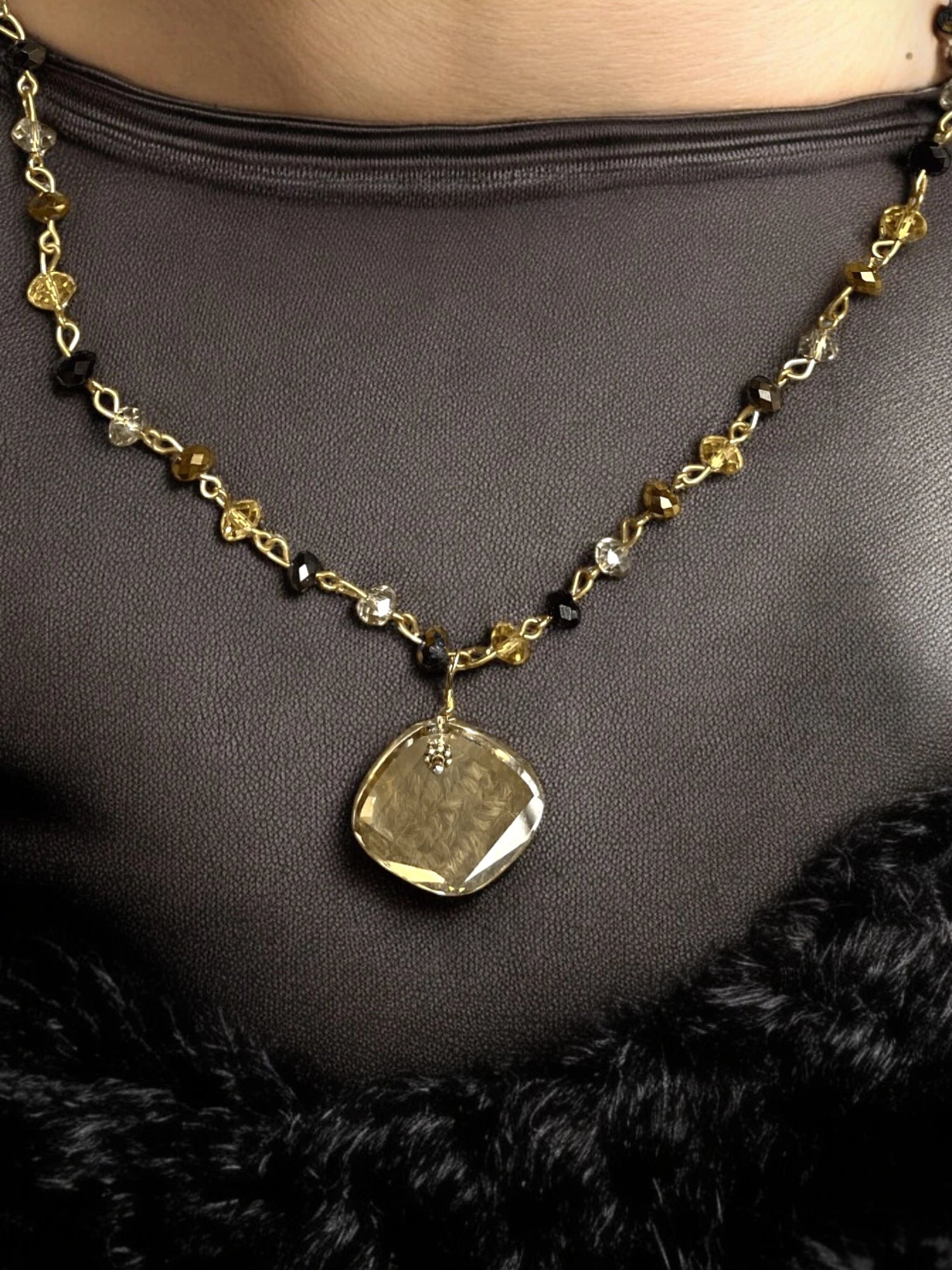 Smoky Quartz Pendant Necklace, Crystal Beaded Gold Chain