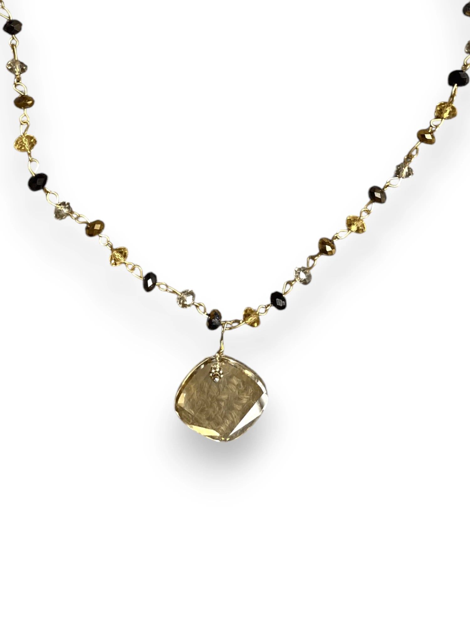 Smoky Quartz Pendant Necklace, Crystal Beaded Gold Chain