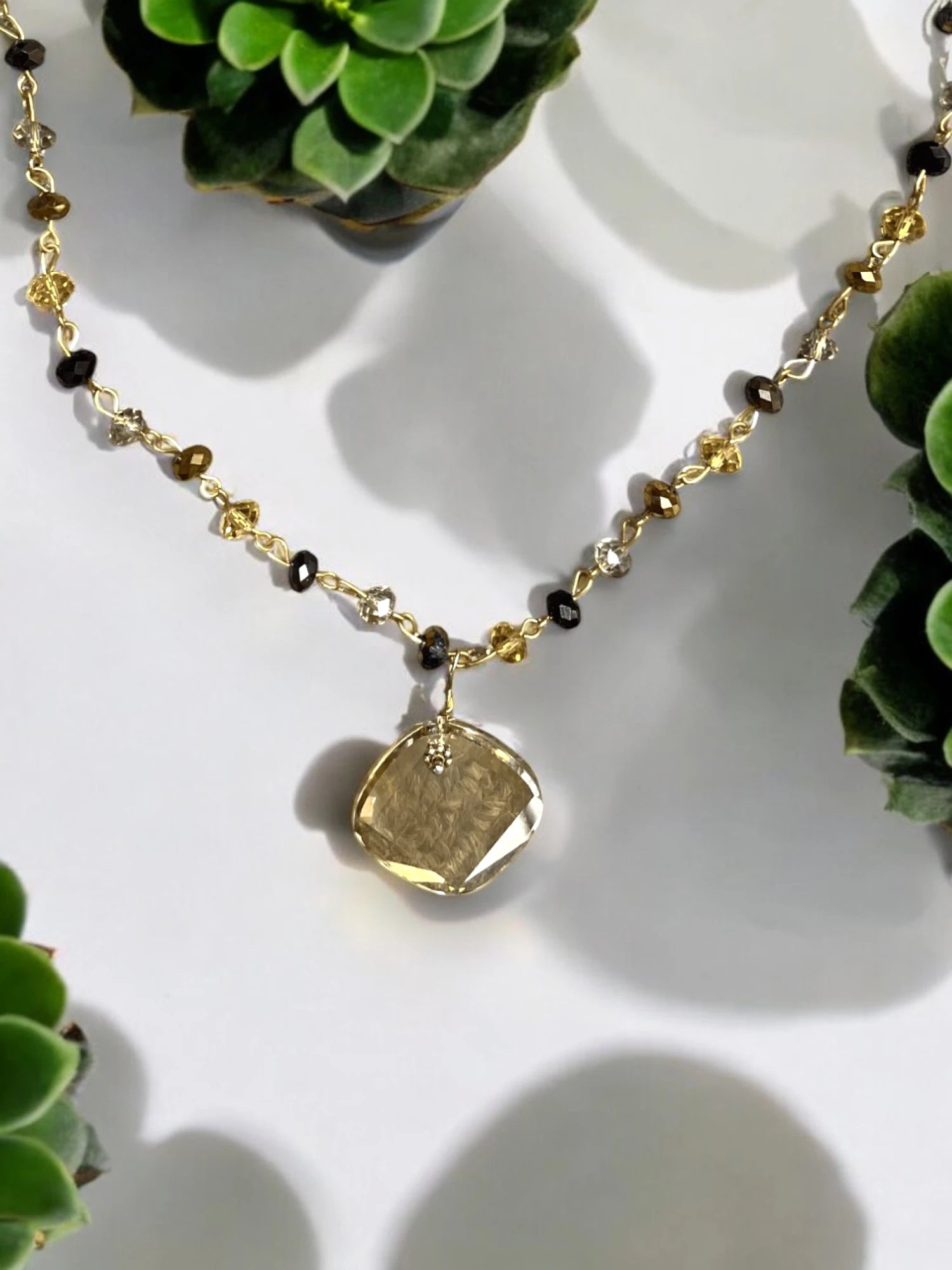 Smoky Quartz Pendant Necklace, Crystal Beaded Gold Chain
