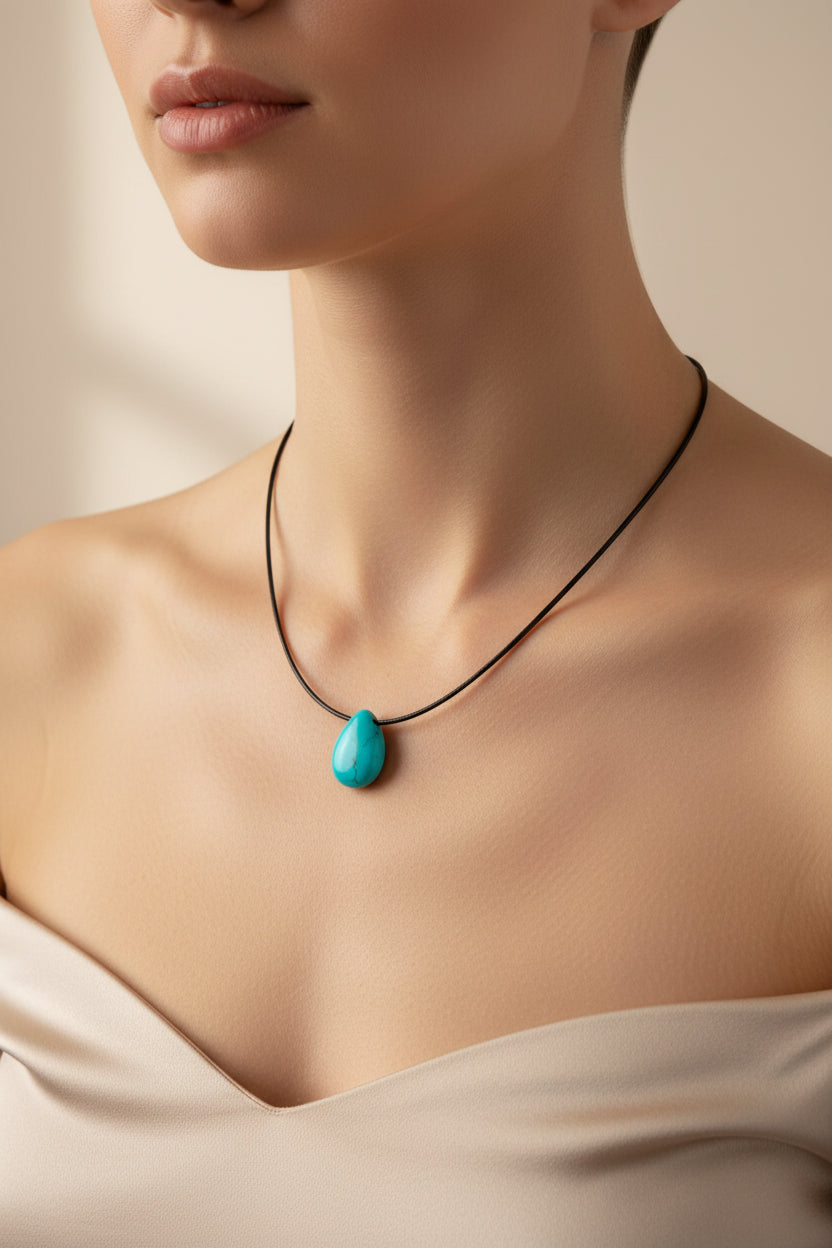 Turquoise Teardrop Pendent Necklace on Thin Black Wire