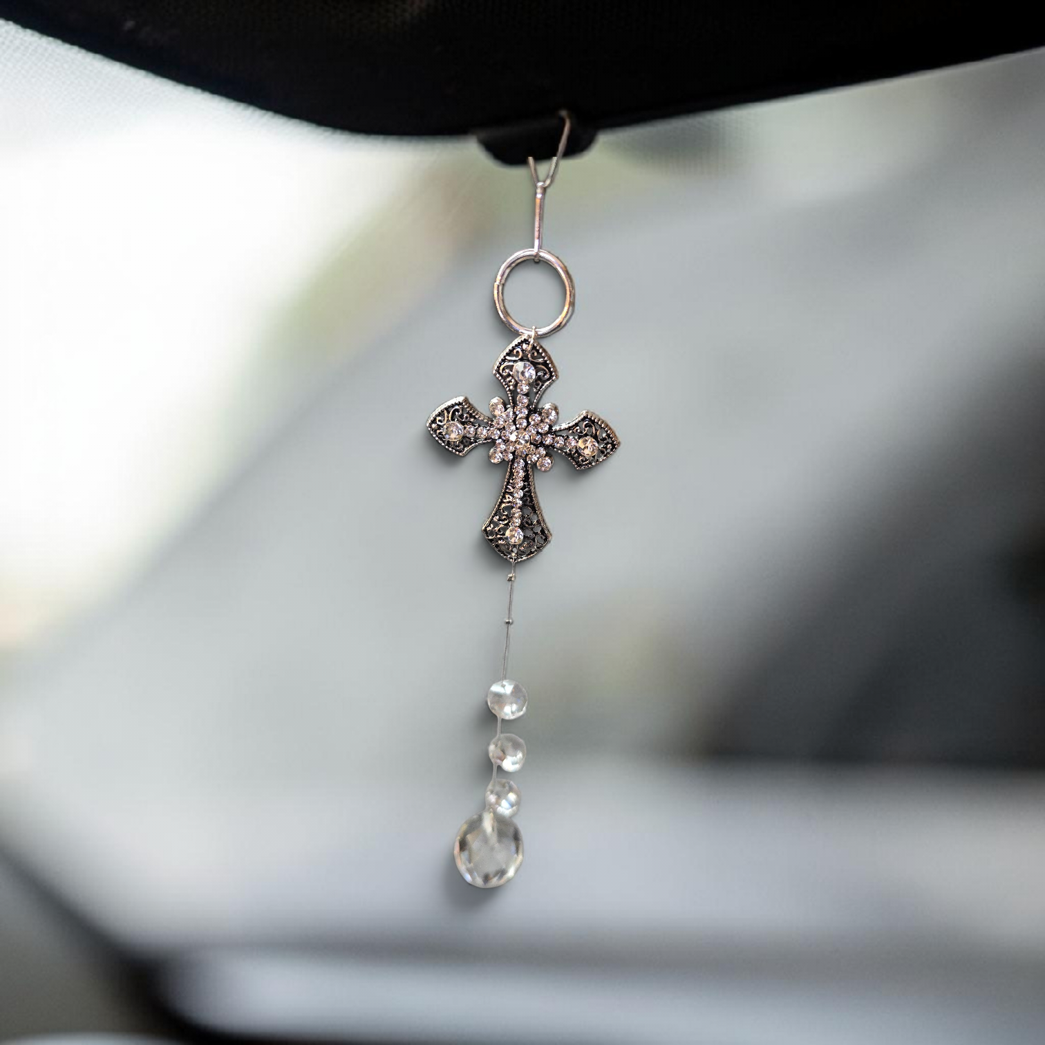 Silver Cross Car Pendant with Crystals | Unique Car Accessory | Handmade
