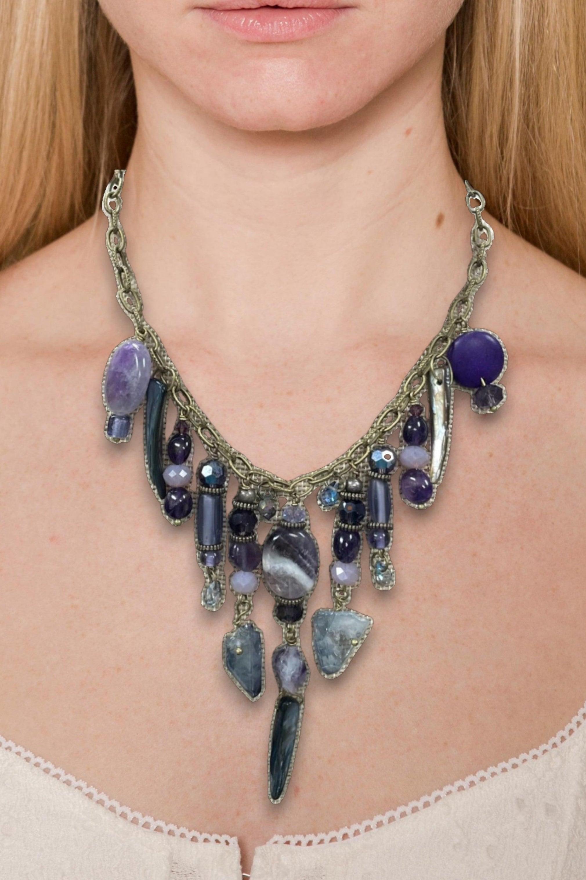 Gemstone Cluster Bib Necklace - Tiger Eye, Turquoise Amazonite, Amethyst, Blue Agate, Apatite, and Sodalite