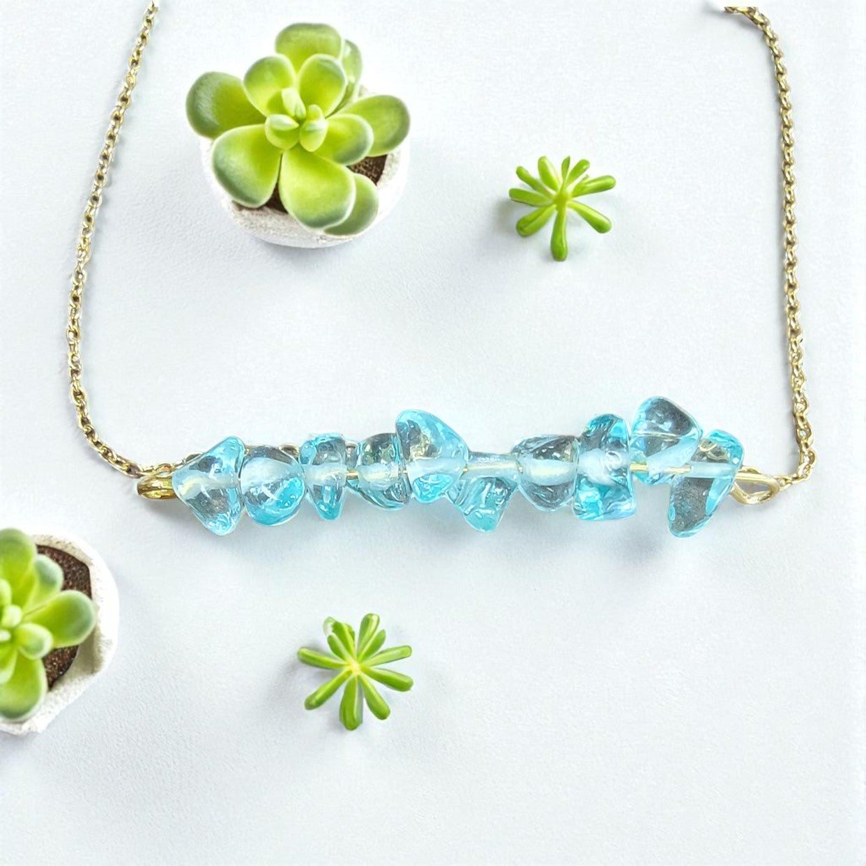 Aquamarine Gemstone  Gold Gemstone Bar Necklace | March Birthstone