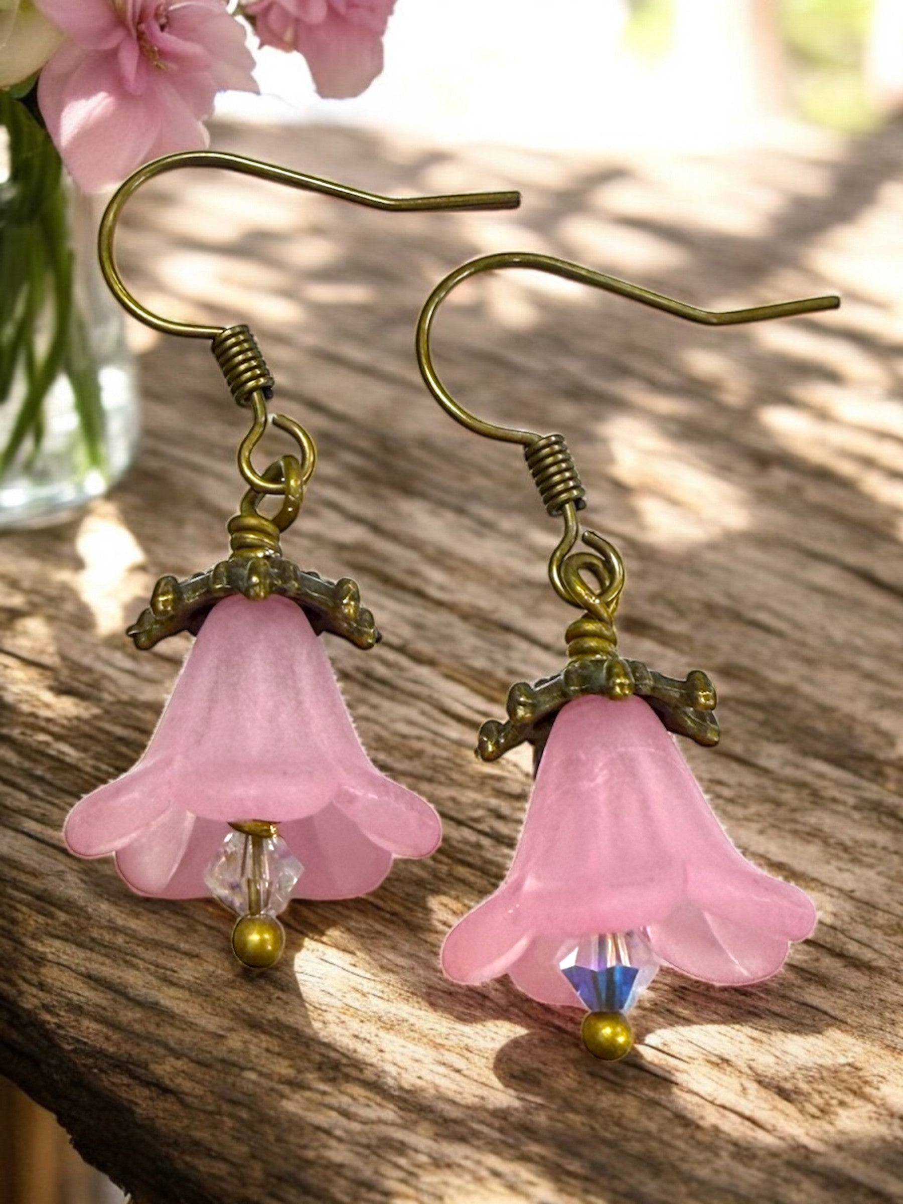 Delicate Lucite Flower Single Dangle Earrings with Austrian Crystal | Handmade | Assorted Colors
