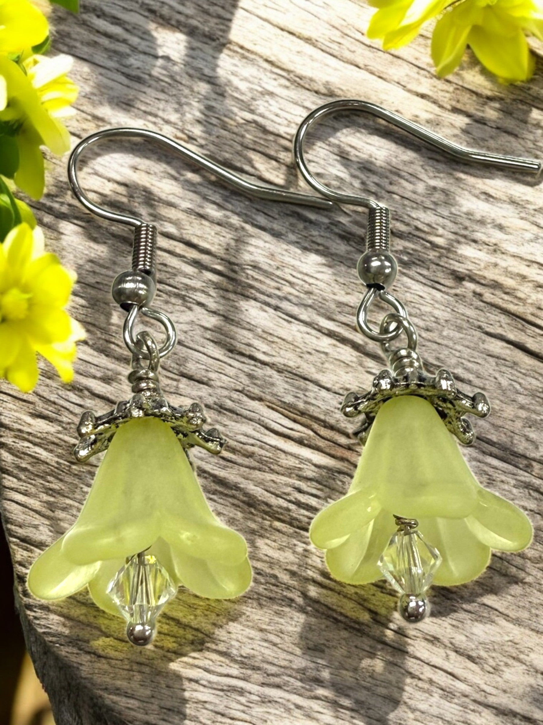 Delicate Lucite Flower Single Dangle Earrings with Austrian Crystal | Handmade | Assorted Colors