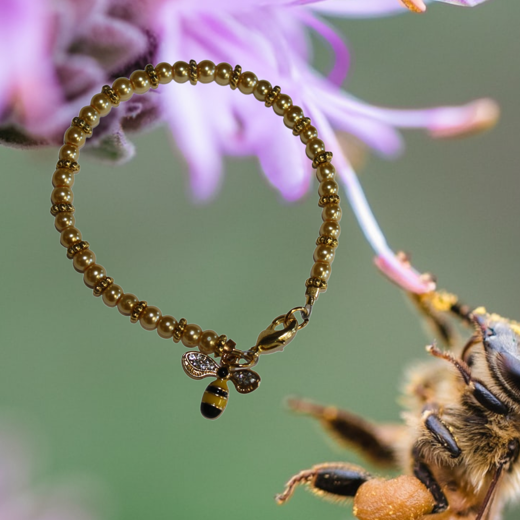 Adult Bumble Bee Bracelet | Pearl & Gold | Gift Box